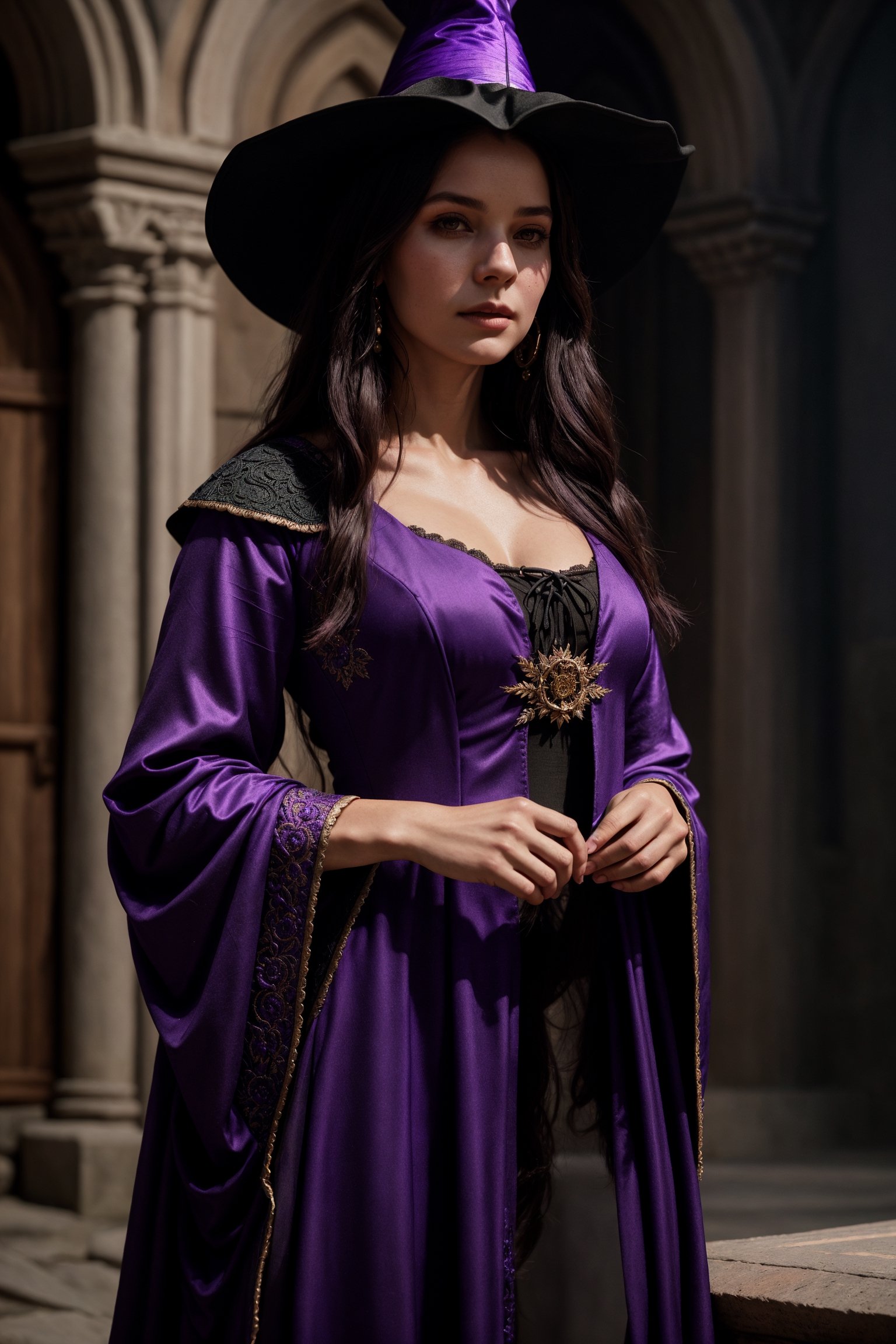 dalcefo, (a medieval witch in purple clothes), 1girl, modelshoot style, intricate details, masterpiece, cinematic lighting, dramatic, trending on artstation, highly detailed body, highly detailed face, ultra resolution, painting art by greg rutkowski and ruan jia, ilya kuvshinov fantasy ambiance