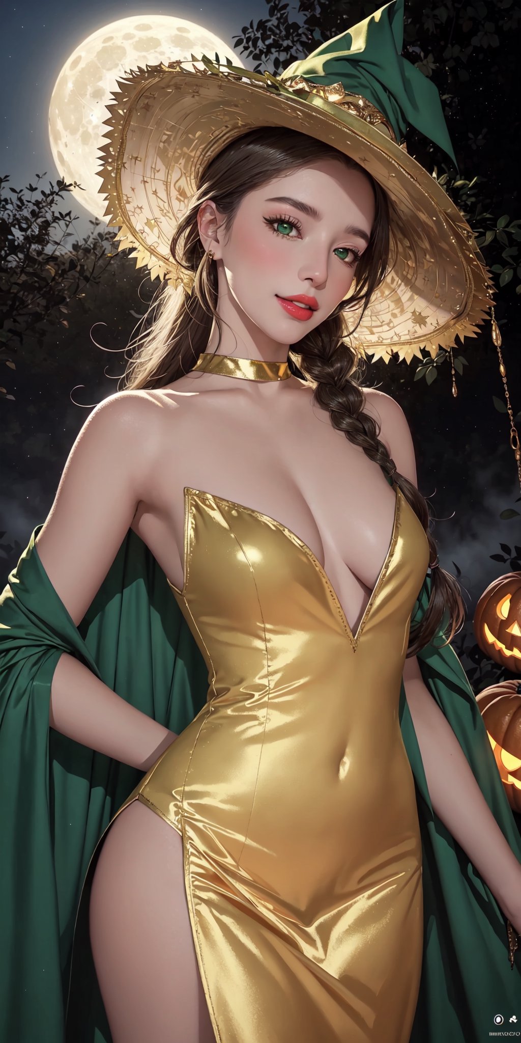 royal, princess, crown, atmospheric scene, masterpiece, best quality (detailed face, detailed skin texture, ultra detailed body), (cinematic light: 1.1), r0seb7rne-smf, extremely detailed CG, unity 8k wallpaper, ultra detailed, very detailed |


1girl, long golden hair, two braids, witch hat, black hat with green details, gold lipstick, emerald green eyes, glowing eyes, magical eyes, golden fire on the left eye, detailed eyes, light up eyes, eyelashes, expression of pleasure on the face, smile, magical forest, fireflies, distant town, skeletons, owl, owl, bats, halloween, Jack-o-lanterns illuminating a winding path as a background, white dress with gold details, long dress, sexy dress, neckline dress, green cape, ojas cape, green nails, white skin, shiny skin, oiled skin, floating magic symbols, full moon, night sky, night, clear sky, full moon, moonlight, blue color atmosphere , fog