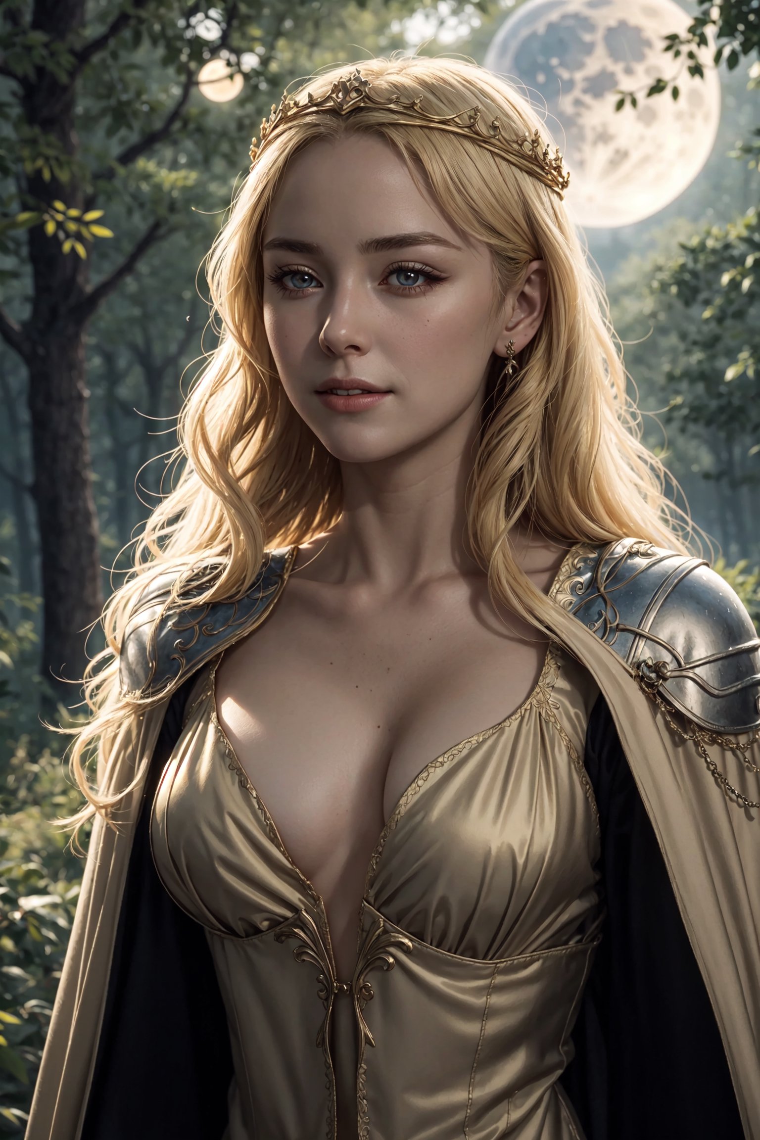 young cersei lannister, alone in the woods, game of thrones, masterpiece, best quality (detailed face, detailed skin texture, ultra detailed body), (cinematic light: 1.1), extremely detailed CG, unity 8k wallpaper, ultra detailed, very detailed, 1girl, long golden hair, detailed eyes, light up eyes, eyelashes, expression of pleasure on the face, smile, magical forest, long dress, white skin, shiny skin, oiled skin, full moon, night sky, night, clear sky, full moon, moonlight, 