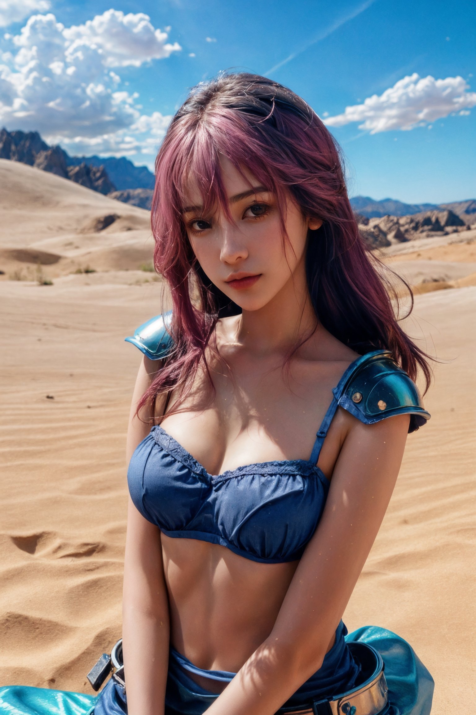 A young woman called chole with long, pink hair stands in a desert landscape( wearing space armored costume:1.2) . She is facing the camera and her arms are slightly raised above her head. Her abdomen is exposed and she has a brassiere on. The sky behind her is bright blue with some wispy clouds scattered throughout. On the ground around her there appears to be sand or dirt, and there is an orange-brown hue to the background of the image. A faint blue light illuminates from just below her chest area, adding an ethereal quality to the photo. Photorealistic, Hyperrealistic, Hyperdetailed, analog style, soft lighting, subsurface scattering, realistic, heavy shadow, masterpiece, best quality, ultra realistic, 8k, golden ratio, Intricate, High Detail, film photography, soft focus
,v4ni4,b3rli,n0t,ti4r4,4nya