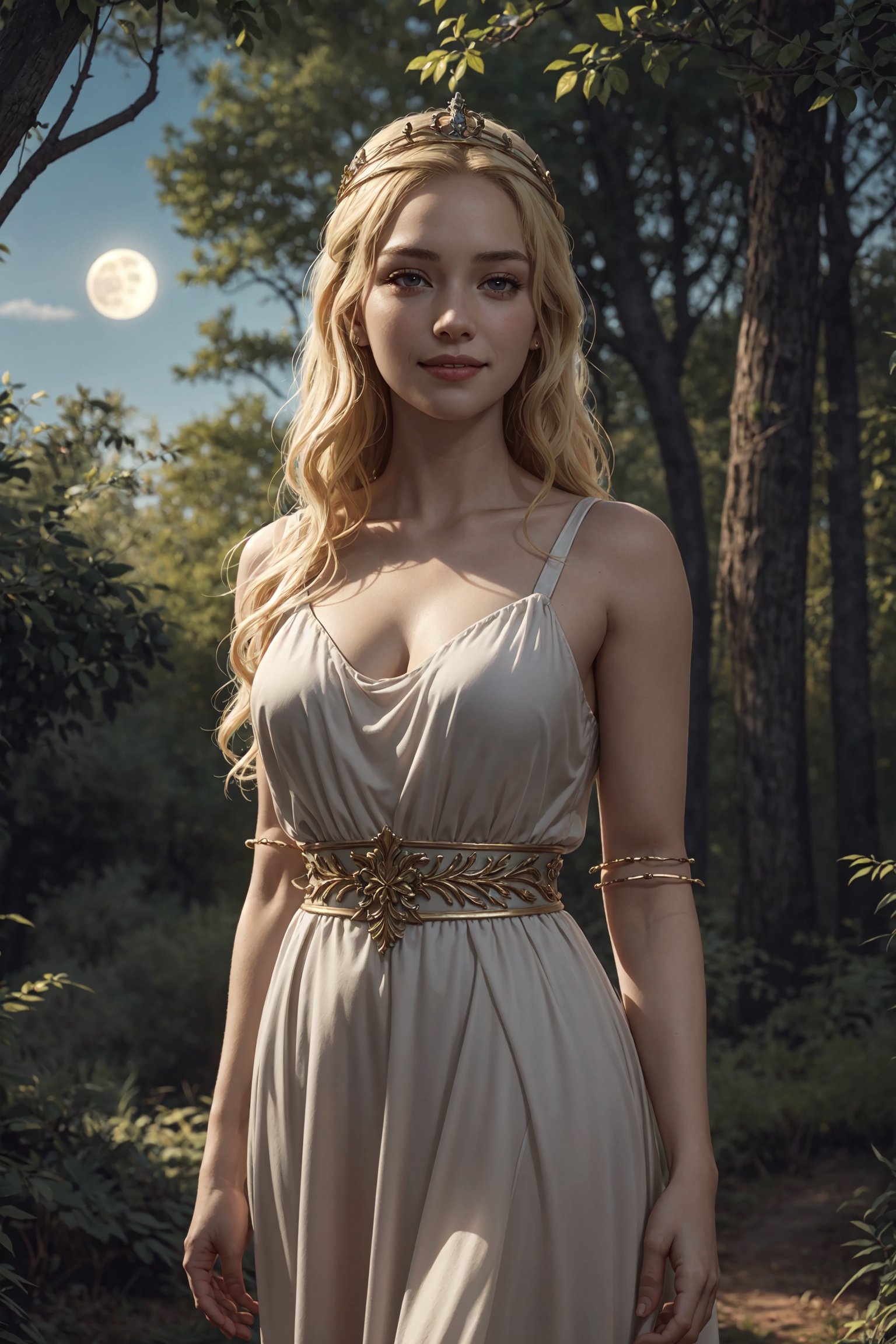 young cersei lannister, alone in the woods, game of thrones, masterpiece, best quality (detailed face, detailed skin texture, ultra detailed body), (cinematic light: 1.1), extremely detailed CG, unity 8k wallpaper, ultra detailed, very detailed, 1girl, long golden hair, detailed eyes, light up eyes, eyelashes, expression of pleasure on the face, smile, magical forest, long dress, white skin, shiny skin, oiled skin, full moon, night sky, night, clear sky, full moon, moonlight, 