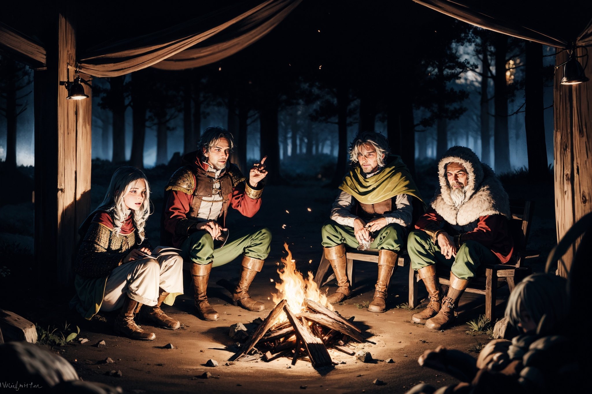 a group of fantasy medieval traveler in a campfire, windy night, cold nights, medieval fantasy forest, cinematic