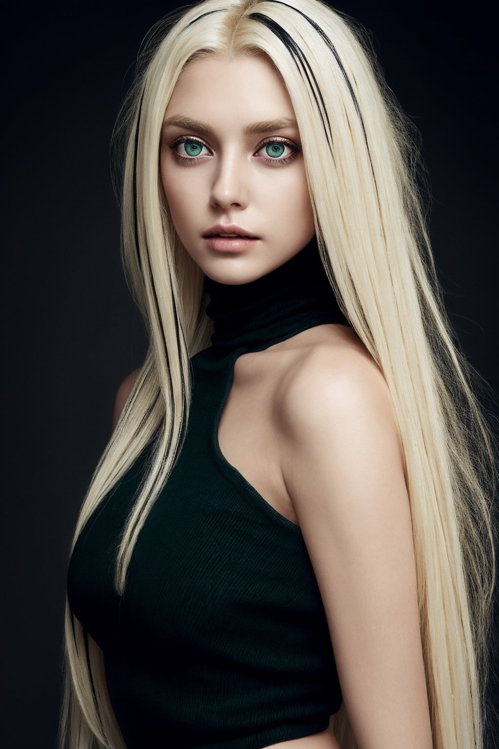 (photorealistic:1.4), large eyes, (deep green eyes:1.1), drooping eyes, perfect breasts, white skin, (blonde and black streaked hair:1.3), long flowing hair, bare shoulder turtleneck shirts, mini skirt, [:(see-through stole:1.3):30]