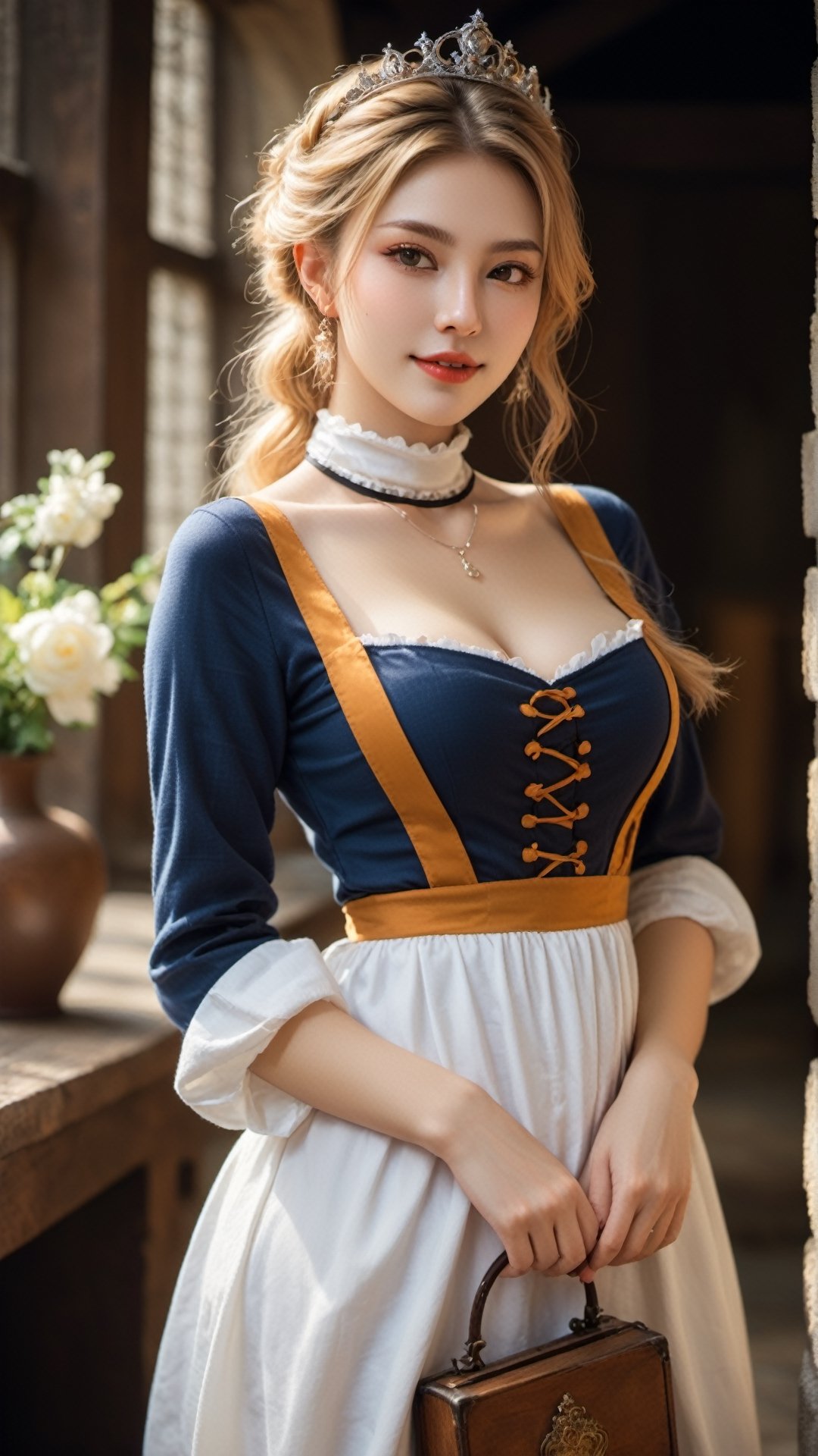 medieval, dlsr photo,8k, 1 busty cute 20 yo maid, smirk, light sparkling eyes, porcelain oiled skin, choker, long blond hair, bun hair, full body view, detailmaster2