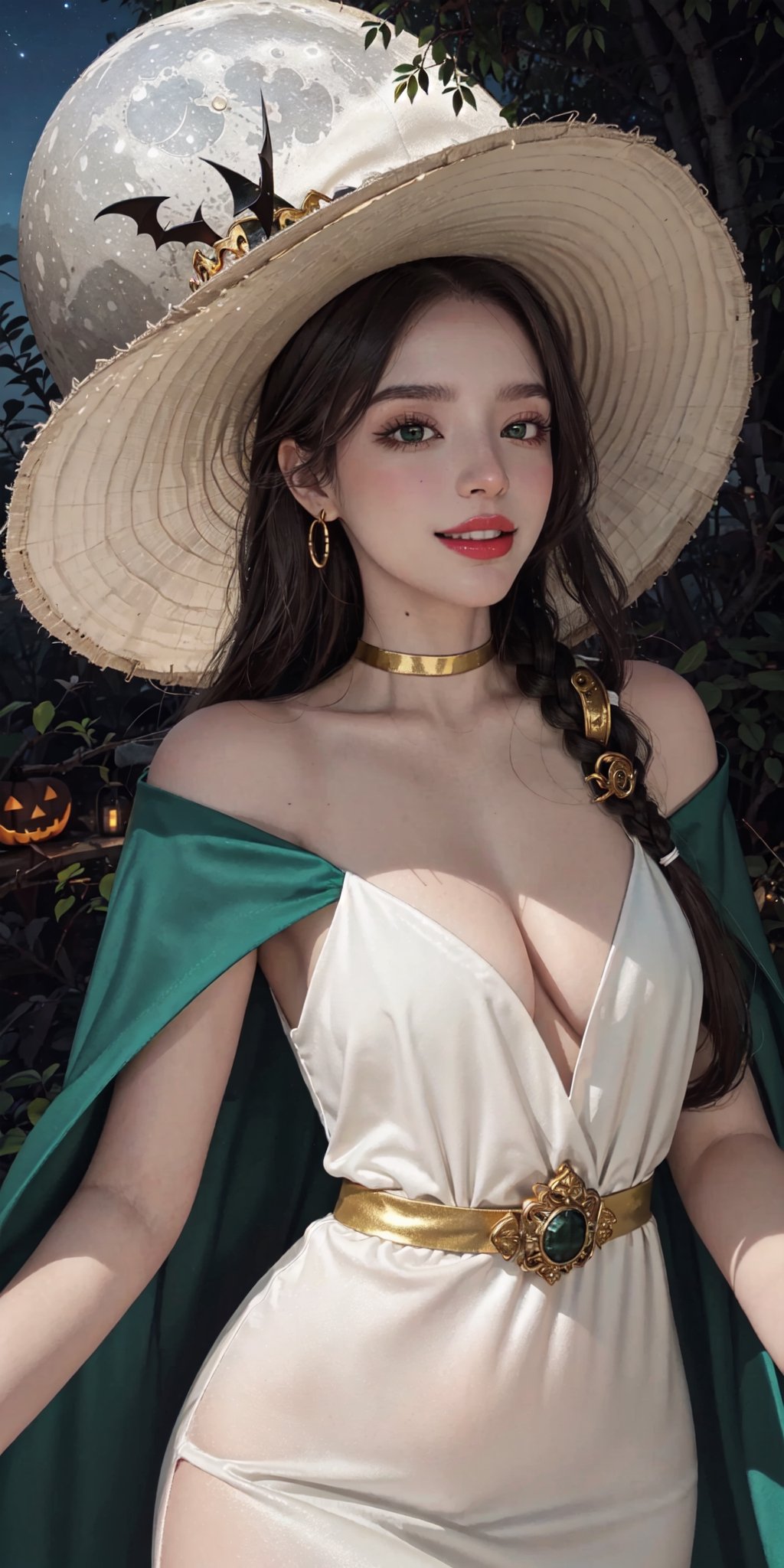 royal, princess, crown, atmospheric scene, masterpiece, best quality (detailed face, detailed skin texture, ultra detailed body), (cinematic light: 1.1), r0seb7rne-smf, extremely detailed CG, unity 8k wallpaper, ultra detailed, very detailed |


1girl, long golden hair, two braids, witch hat, black hat with green details, gold lipstick, emerald green eyes, glowing eyes, magical eyes, golden fire on the left eye, detailed eyes, light up eyes, eyelashes, expression of pleasure on the face, smile, magical forest, fireflies, distant town, skeletons, owl, owl, bats, halloween, Jack-o-lanterns illuminating a winding path as a background, white dress with gold details, long dress, sexy dress, neckline dress, green cape, ojas cape, green nails, white skin, shiny skin, oiled skin, floating magic symbols, full moon, night sky, night, clear sky, full moon, moonlight, blue color atmosphere , fog