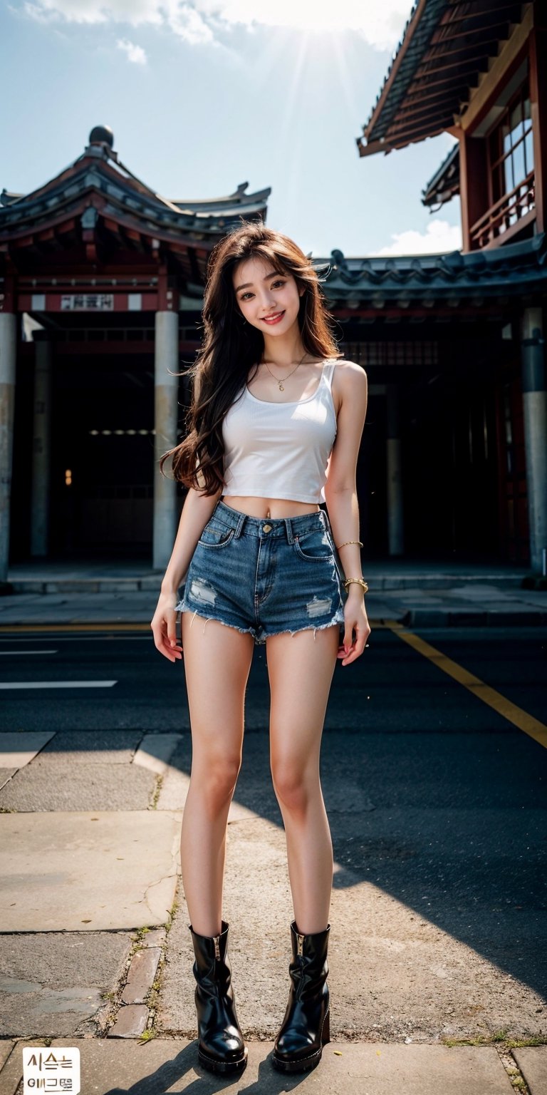 1girls, Korean, long hair, 19 years old, tank top, perfect boobs, mini skirt, boots, full_body, smile,Korean,Makeup