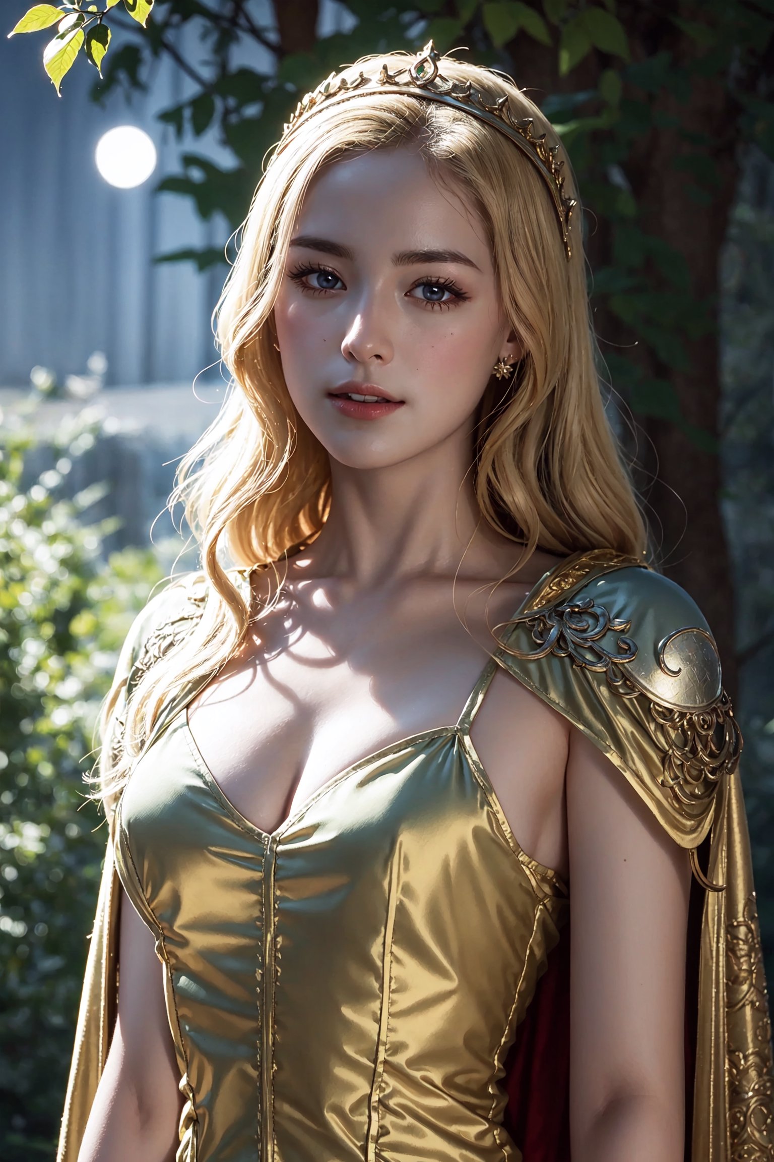 young cersei lannister, alone in the woods, game of thrones, masterpiece, best quality (detailed face, detailed skin texture, ultra detailed body), (cinematic light: 1.1), extremely detailed CG, unity 8k wallpaper, ultra detailed, very detailed, 1girl, long golden hair, detailed eyes, light up eyes, eyelashes, expression of pleasure on the face, smile, magical forest, long dress, white skin, shiny skin, oiled skin, full moon, night sky, night, clear sky, full moon, moonlight, 