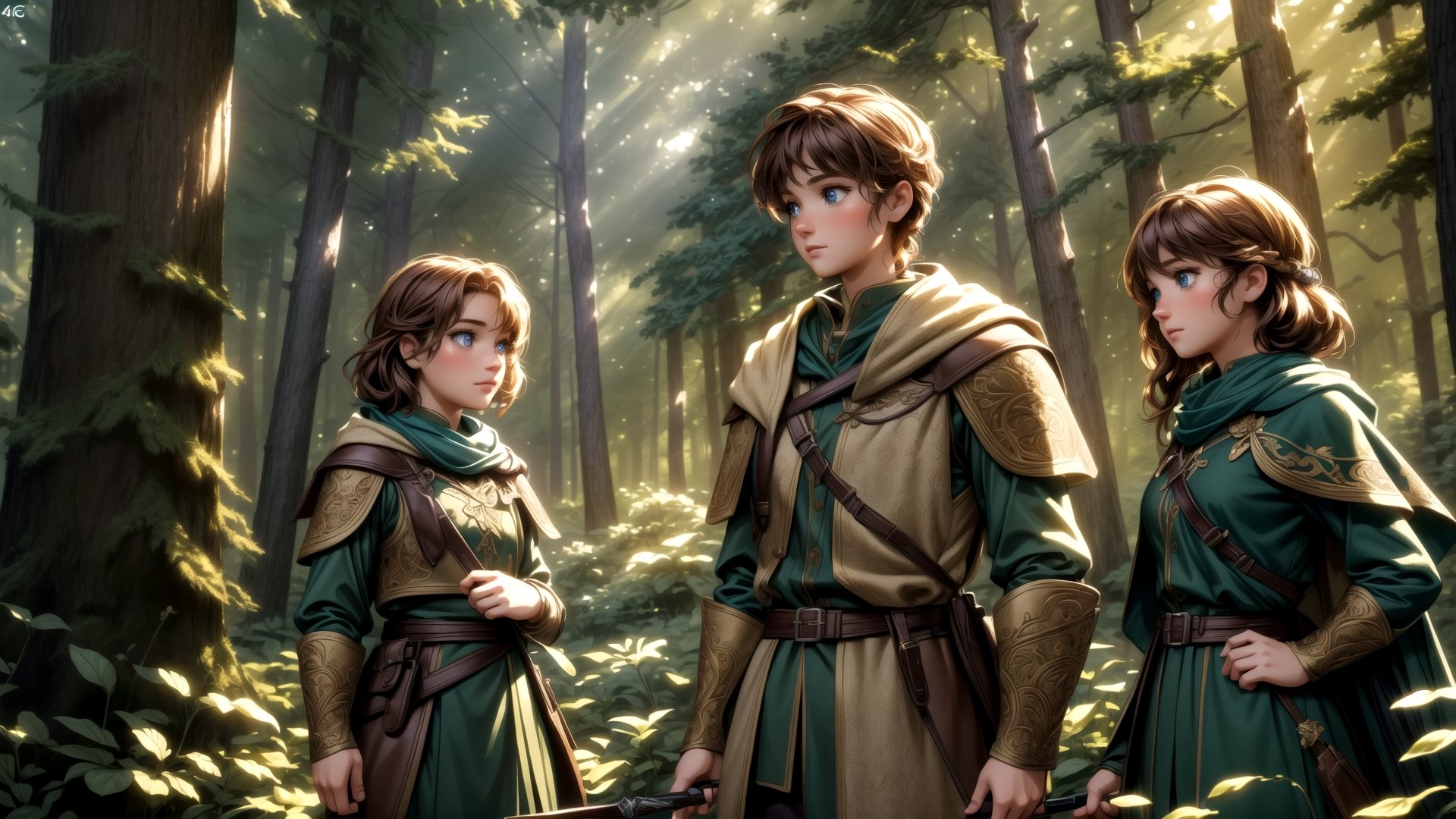 small group of adventurers exploring a forest, artistry illustration, (masterpiece), best quality, highres, 4k, 8k, Detailed Illustration, intricate detail, cinematic lighting, amazing quality, 1girl, fit female, amazing shading, soft lighting, facing camera, perfect eyes,FFIXBG,no_humans,EpicArt