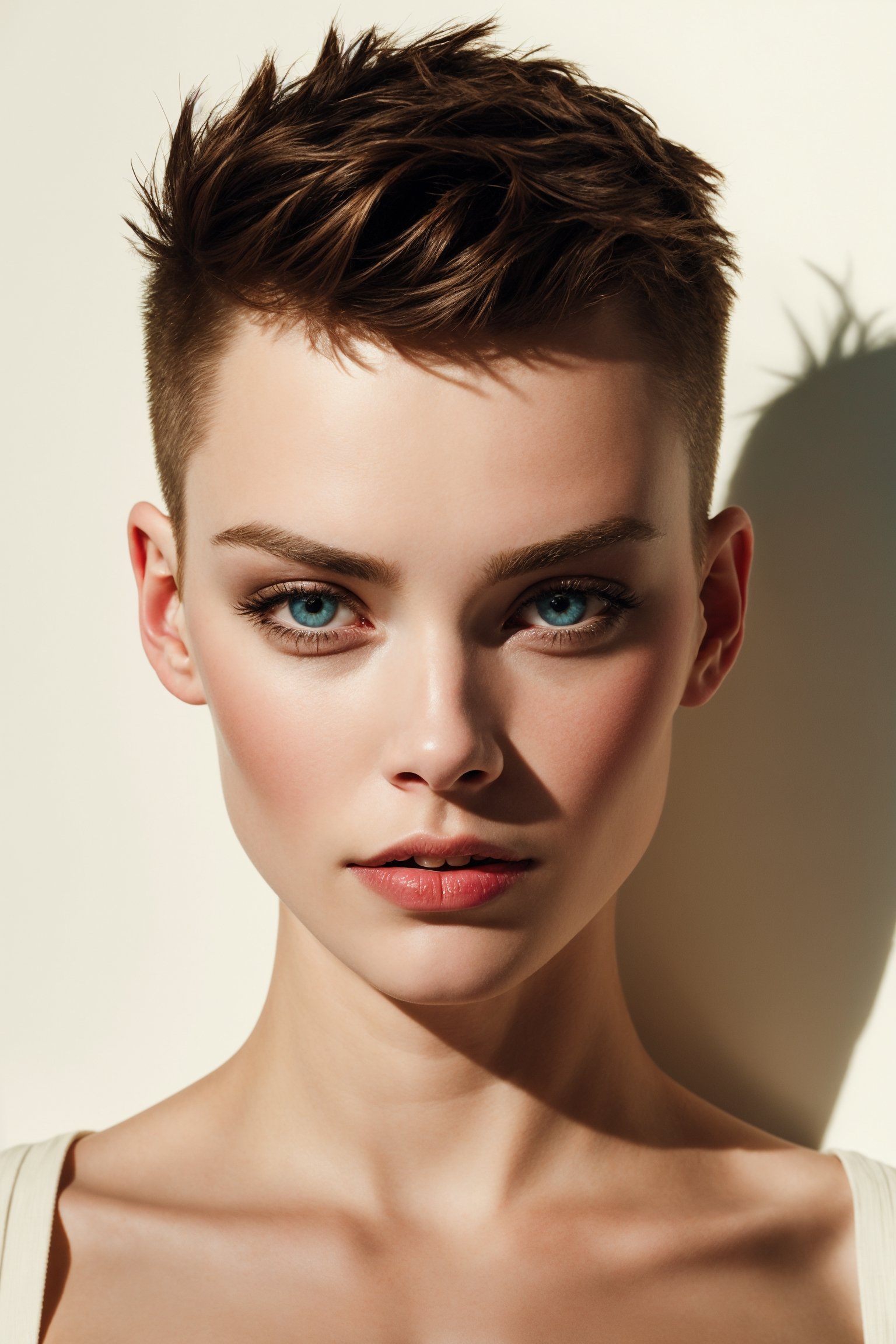 A dramatic portrait of a young woman with a stylish haircut and piercing eyes. The photo is shot in a high-contrast style, with strong shadows and highlights, emphasizing the model's sharp features. The photo was taken with a film camera, using a fast prime lens, which gives the image a gritty and raw feel. The portrait is perfect for use in fashion magazines, advertising campaigns, or as a striking wall art print.