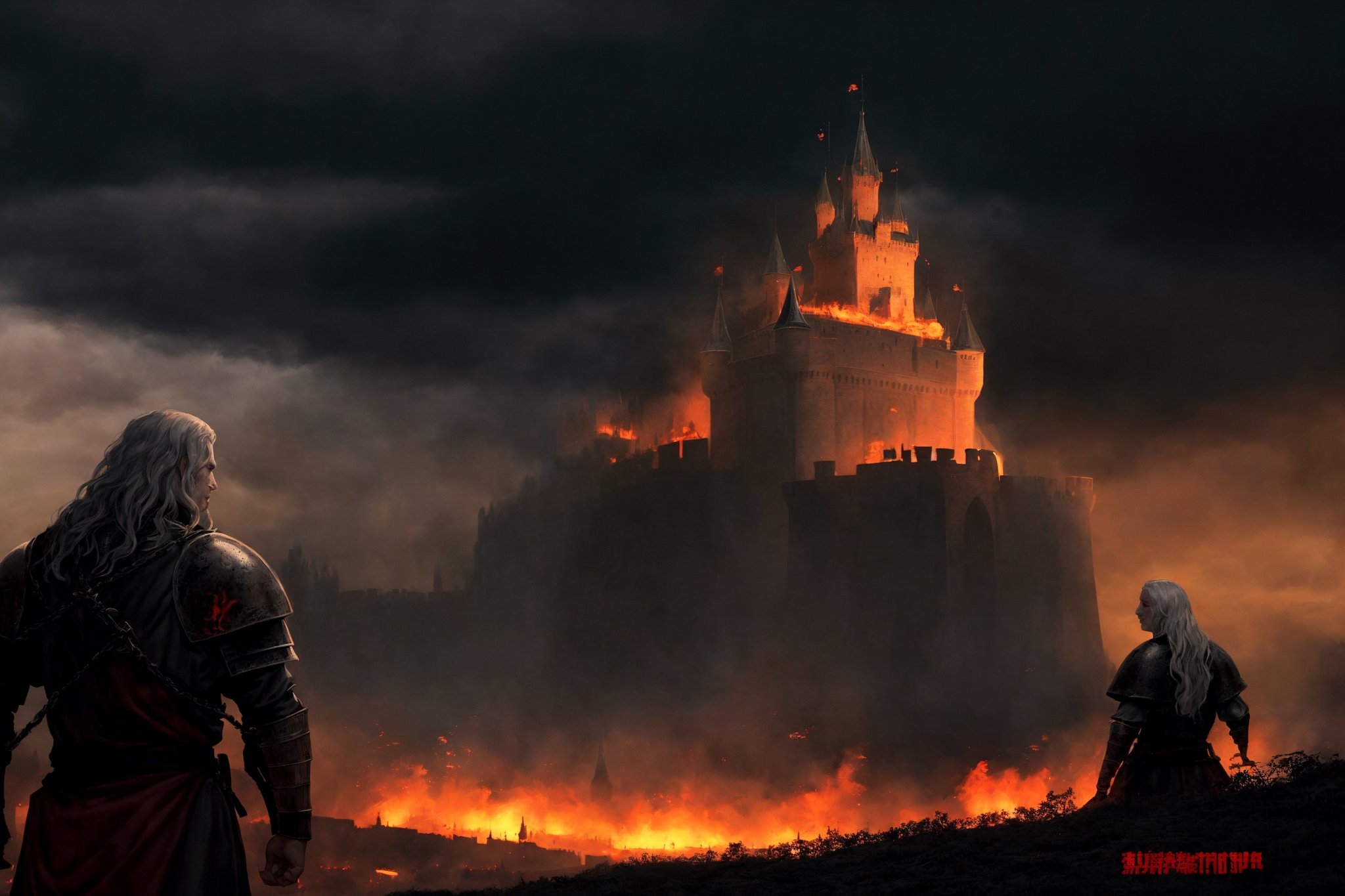 a big castle in a siege, cinematic shot, sorrounded by army, fire everywhere, medieval castle, medieval targaryen army, a big city in the background, gloomy sky