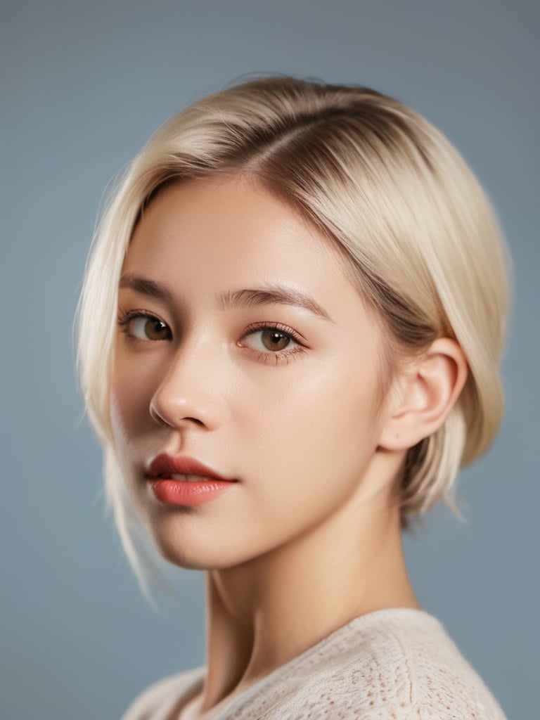 studio portrait of a young woman, id card portrait, blonde hair, light skin, studio lighting