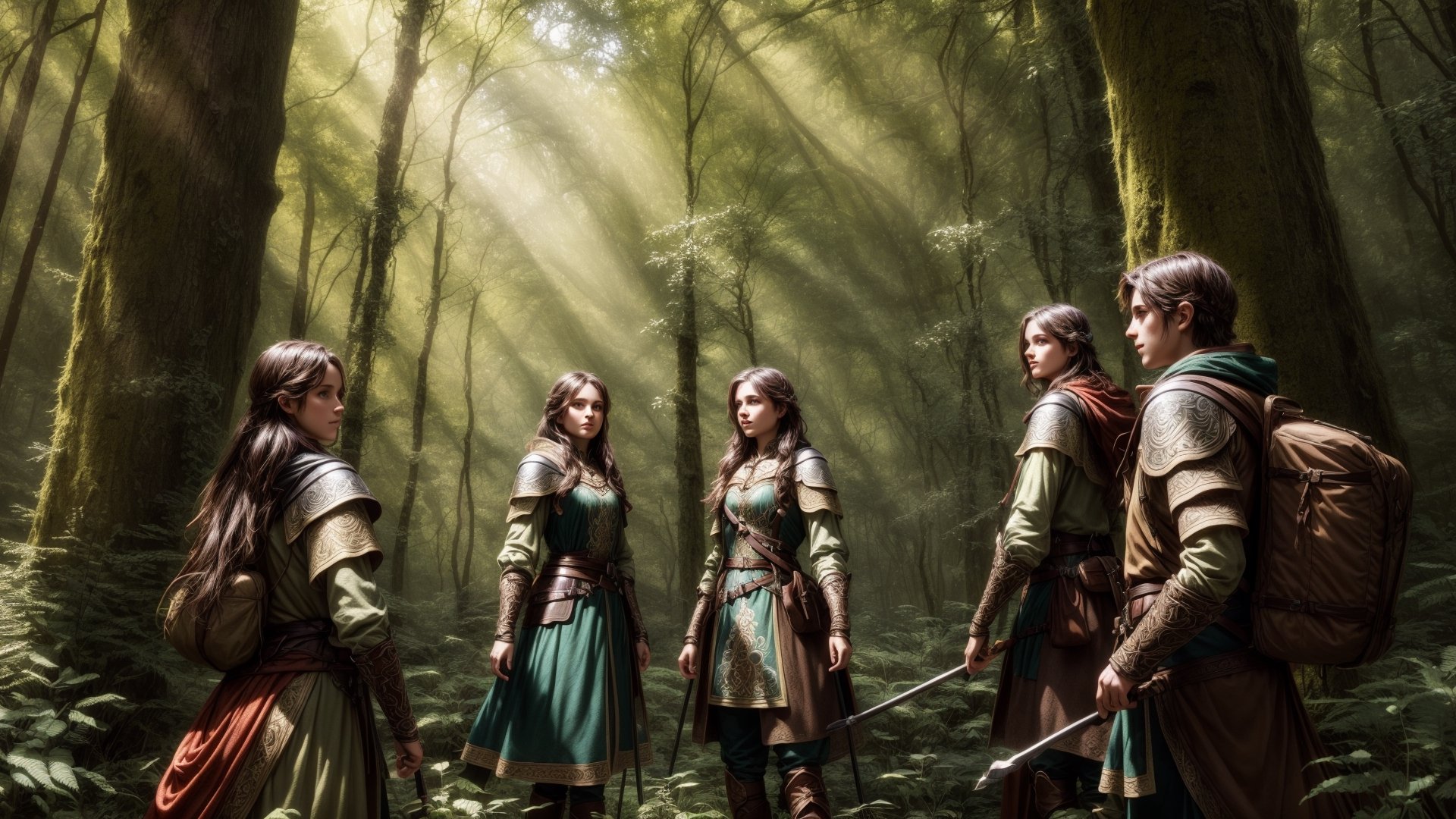 small group of adventurers exploring a forest, artistry illustration, (masterpiece), best quality, highres, 4k, 8k, Detailed Illustration, intricate detail, cinematic lighting, amazing quality, 1girl, fit female, amazing shading, soft lighting, facing camera, perfect eyes,FFIXBG