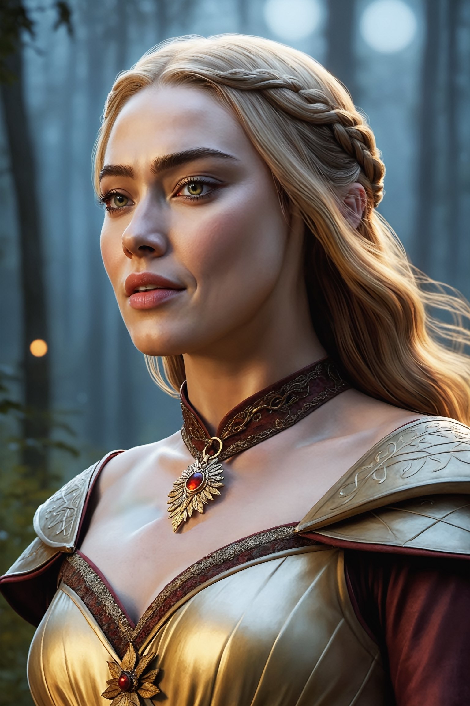 young cersei lannister, alone in the woods, game of thrones, masterpiece, best quality (detailed face, detailed skin texture, ultra detailed body), (cinematic light: 1.1), extremely detailed CG, unity 8k wallpaper, ultra detailed, very detailed, 1girl, long golden hair, detailed eyes, light up eyes, eyelashes, expression of pleasure on the face, smile, magical forest, long dress, white skin, shiny skin, oiled skin, full moon, night sky, night, clear sky, full moon, moonlight, 