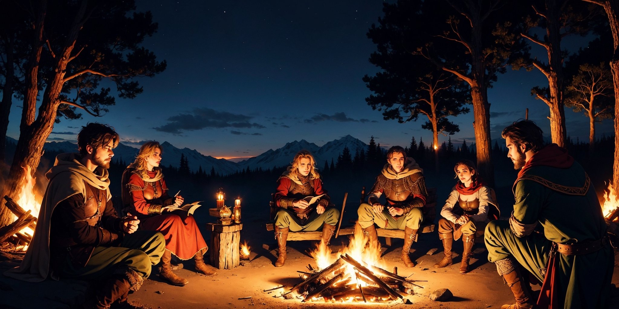 a group of fantasy medieval traveler in a campfire, windy night, cold nights, medieval fantasy forest, cinematic