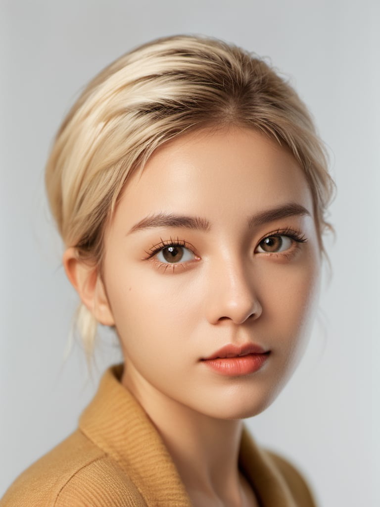 studio portrait of a young woman, id card portrait, blonde hair, light skin, studio lighting