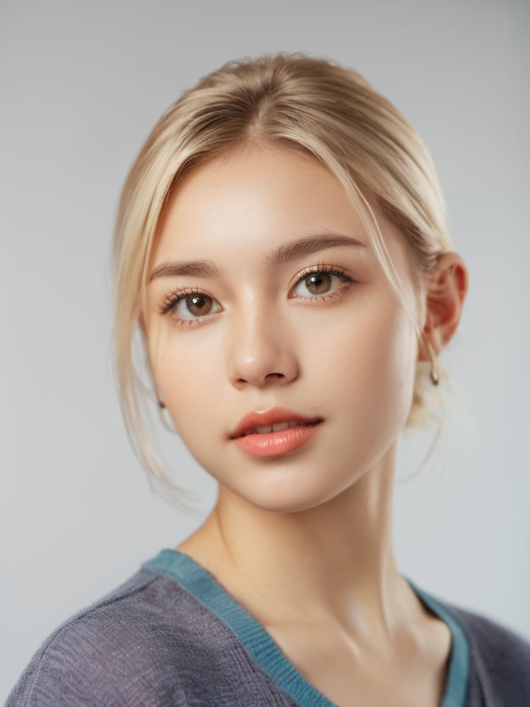 studio portrait of a young woman, id card portrait, blonde hair, light skin, studio lighting