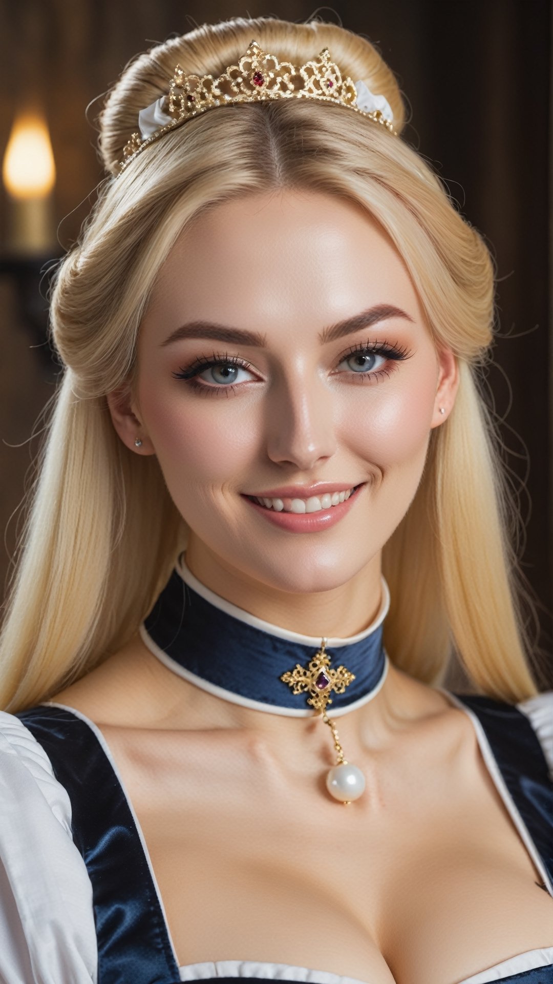 medieval, dlsr photo,8k, 1 busty cute 20 yo maid, smirk, light sparkling eyes, porcelain oiled skin, choker, long blond hair, bun hair,detailmaster2