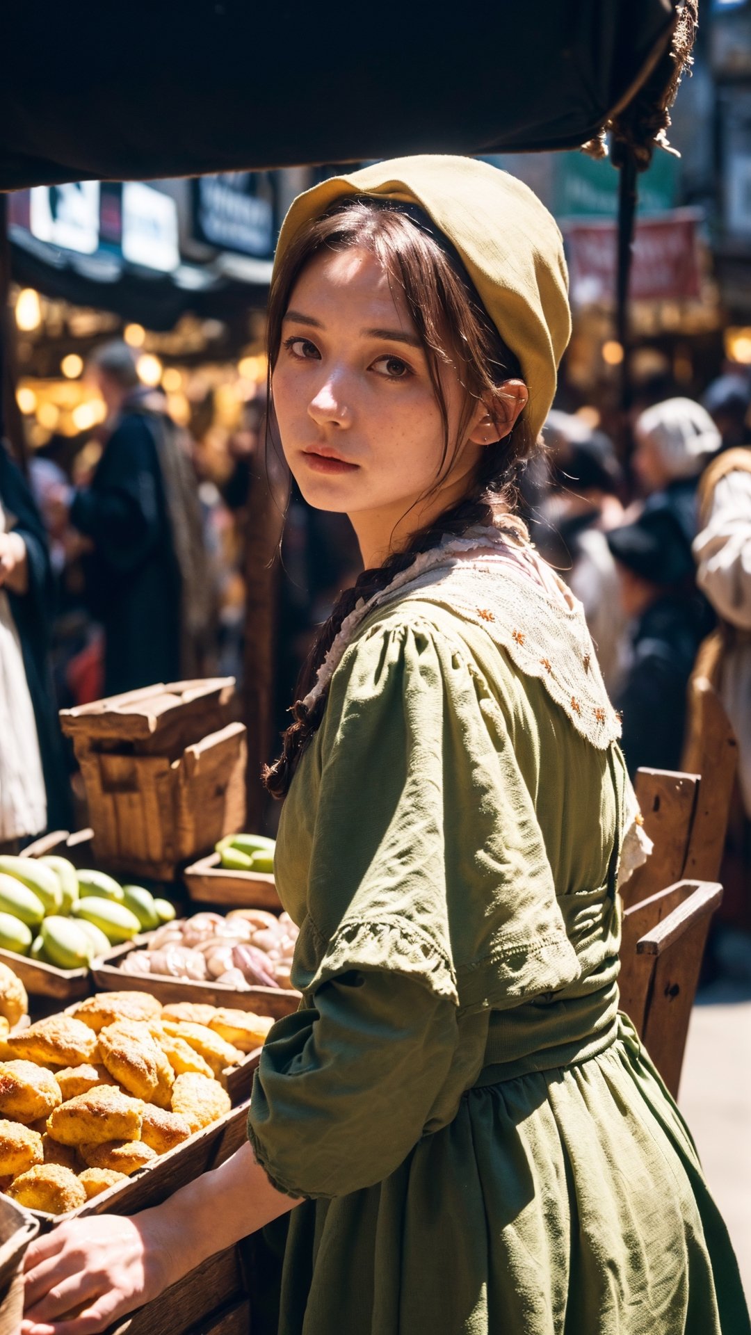 A medieval peasant girl in a crowded medieval marketplace, ultra high quality, real image, realistic, real-life skin, dynamic lighting, cinematic, (hyperrealism:1.2), (8K UHD:1.2), (photorealistic:1.2), shot with Canon EOS 5D Mark IV