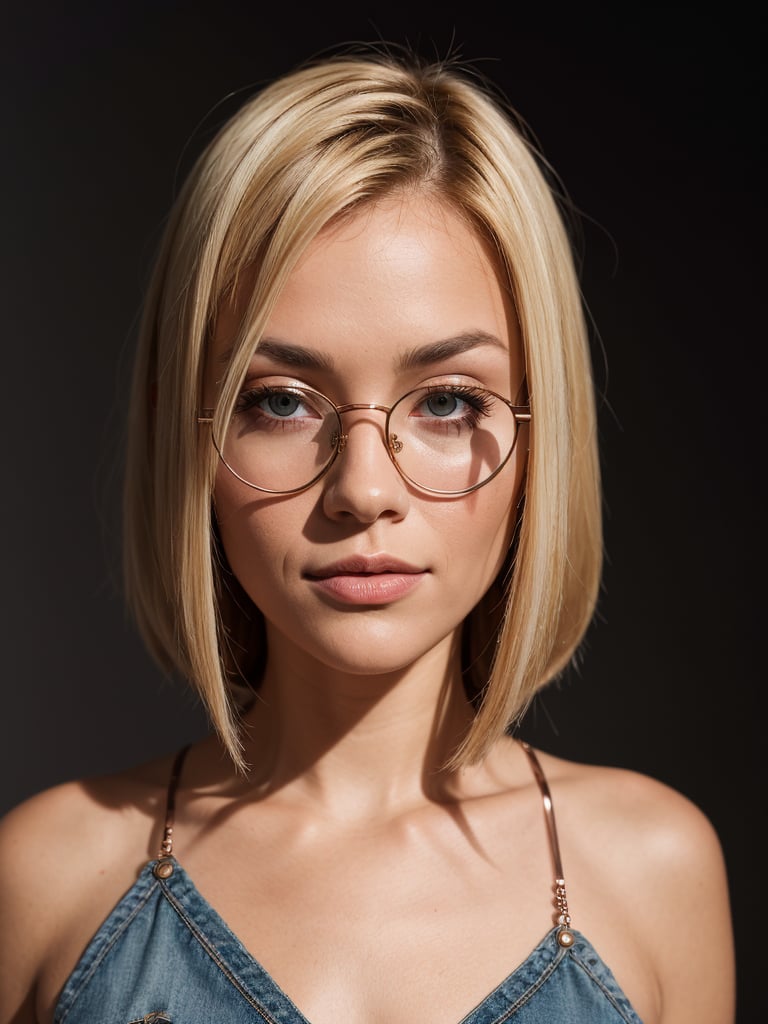 studio portrait of a young woman, id card portrait, blonde hair, rounded glasses, semi rimmed glasses, rose gold frame, fair skin, studio lighting