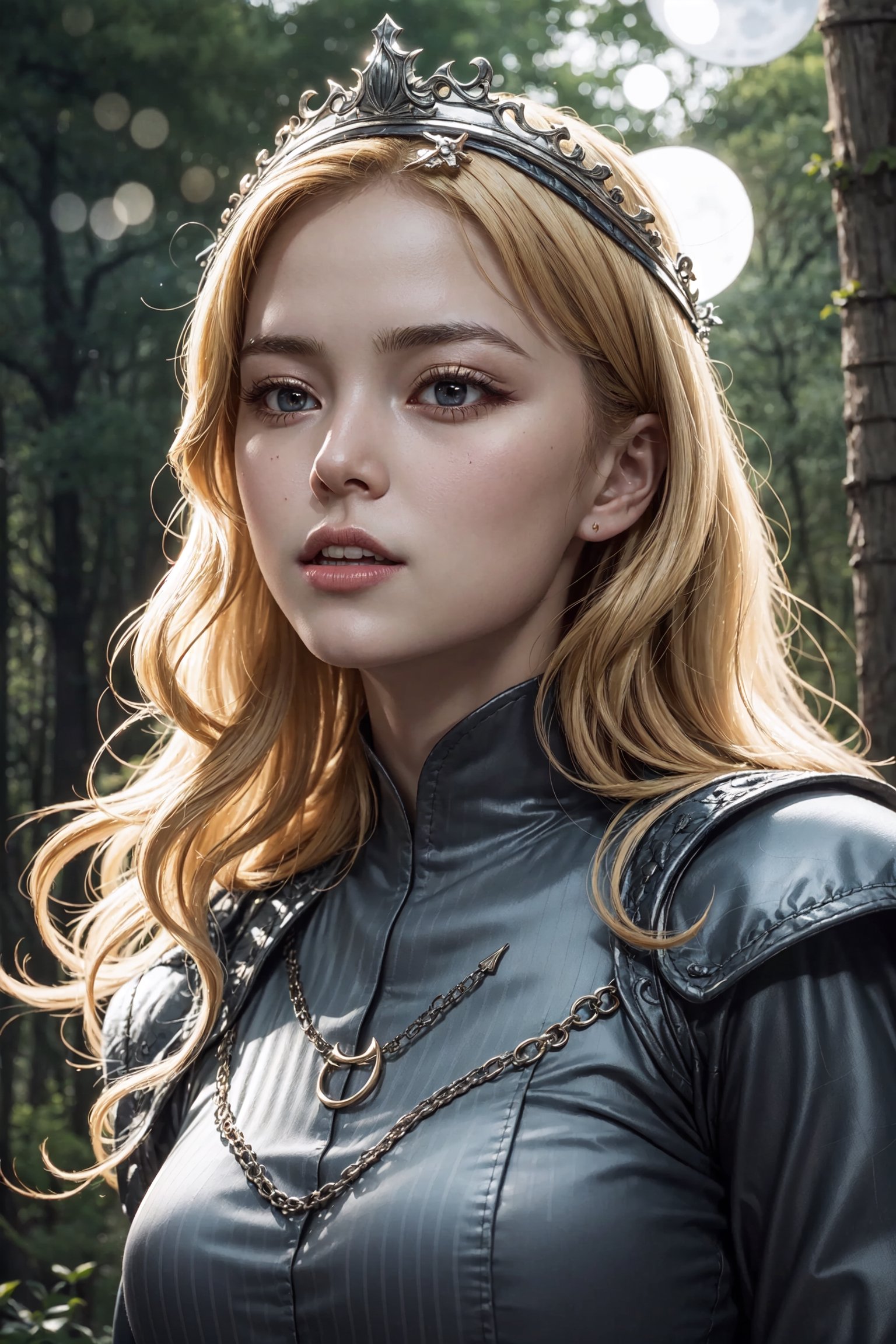 young cersei lannister, alone in the woods, game of thrones, masterpiece, best quality (detailed face, detailed skin texture, ultra detailed body), (cinematic light: 1.1), extremely detailed CG, unity 8k wallpaper, ultra detailed, very detailed, 1girl, long golden hair, detailed eyes, light up eyes, eyelashes, expression of pleasure on the face, smile, magical forest, long dress, white skin, shiny skin, oiled skin, full moon, night sky, night, clear sky, full moon, moonlight, 