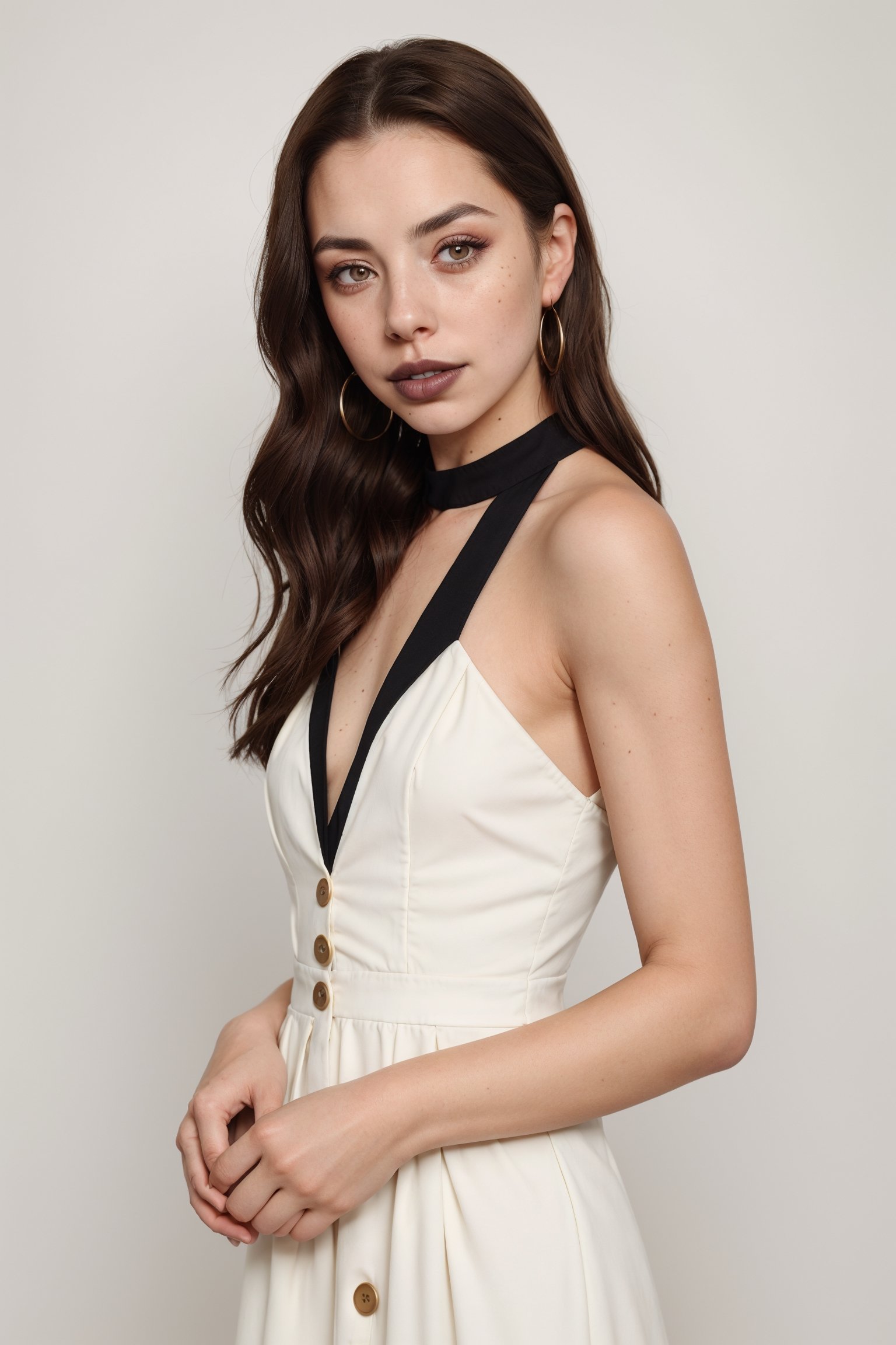 woman, adelaideKane, long brown hair, brown eyes, button nose, (black lipstick), full face makeup, cream colored full halter dress portrait, (high detailed skin:1.2), mid-twenty, white background, (medium shot:1.4),