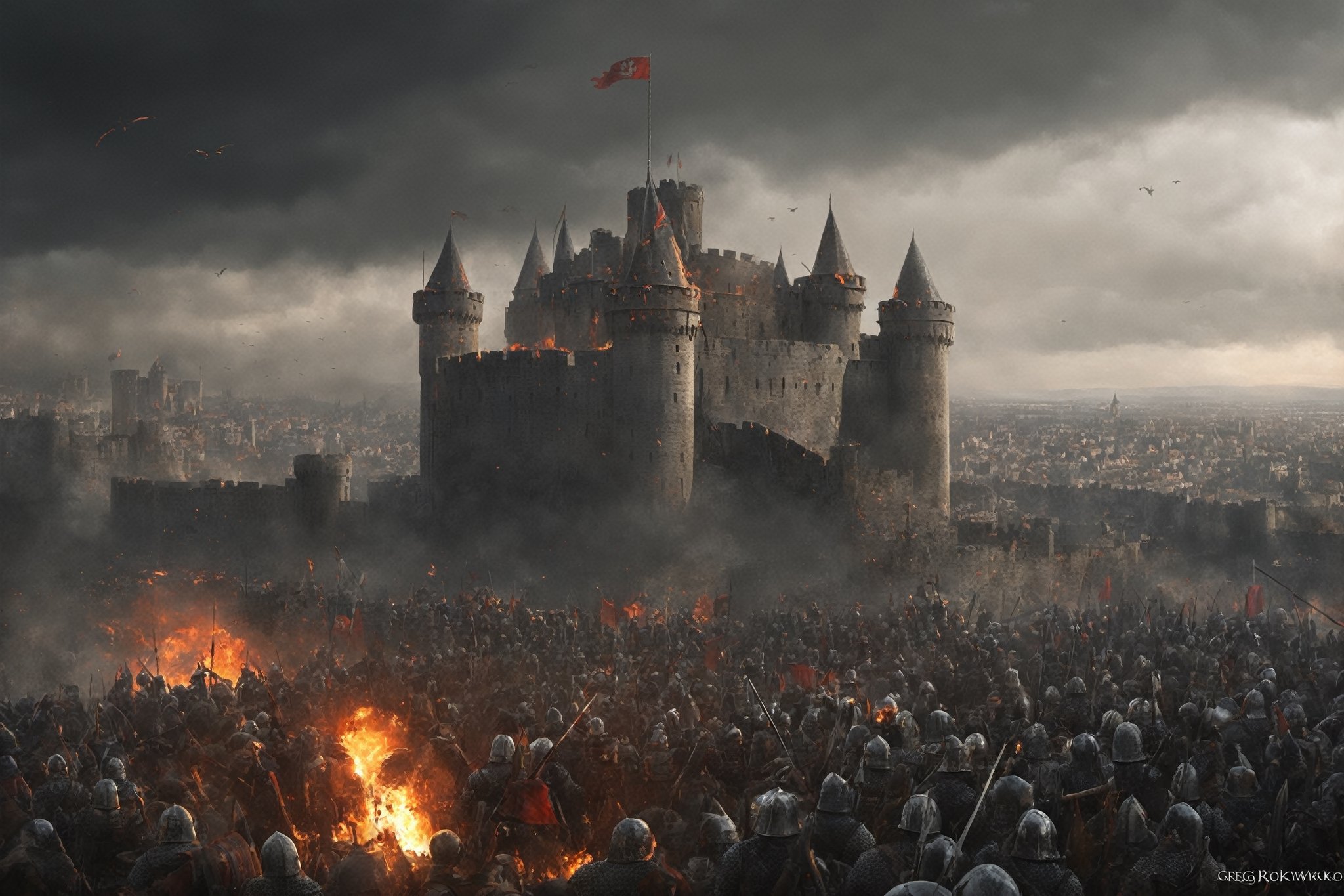 a big castle in a siege, cinematic shot, sorrounded by army, fire everywhere, medieval castle, medieval targaryen army, a big city in the background, gloomy sky, greg rutkowski