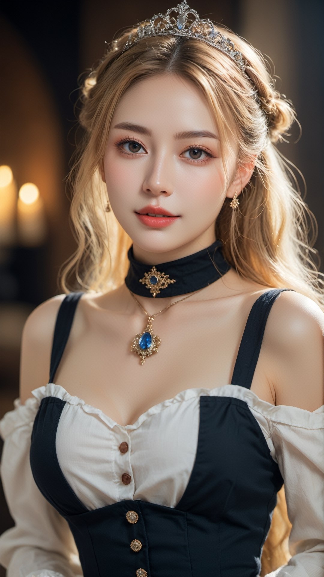 medieval, dlsr photo,8k, 1 busty cute 20 yo maid, smirk, light sparkling eyes, porcelain oiled skin, choker, long blond hair, bun hair, full body view, detailmaster2