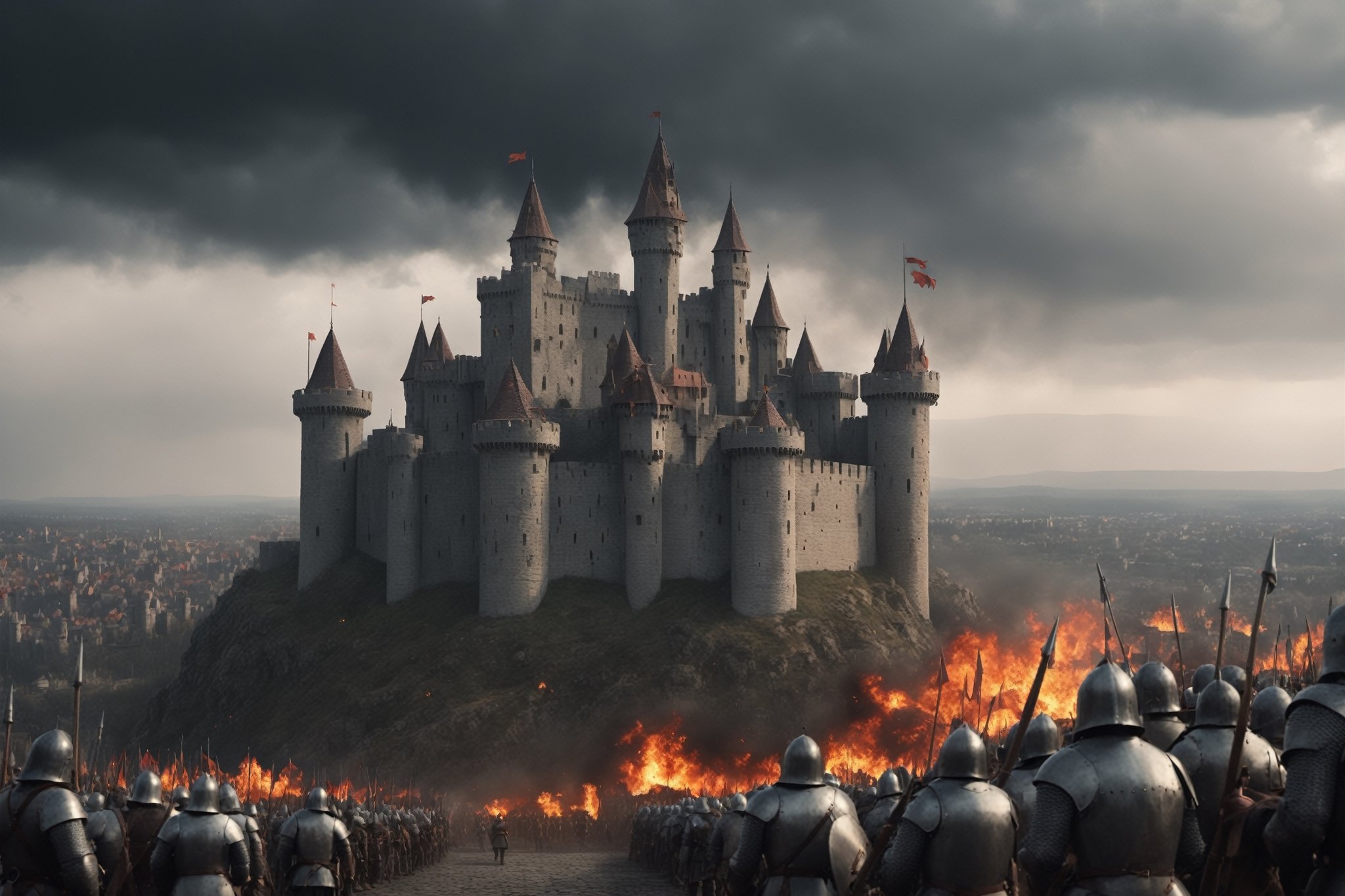 a big castle in a siege, cinematic shot, sorrounded by army, fire everywhere, medieval castle, medieval targaryen army, a big city in the background, gloomy sky