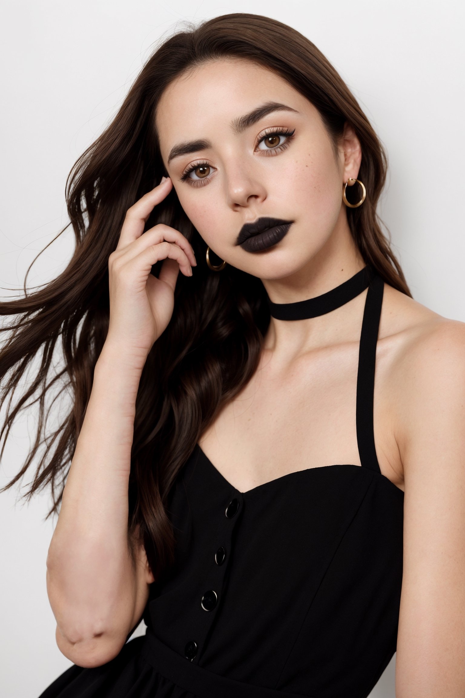 woman, adelaideKane, long brown hair, brown eyes, button nose, (black lipstick), full face makeup, cream colored full halter dress portrait, (high detailed skin:1.2), mid-twenty, white background, (medium shot:1.4),