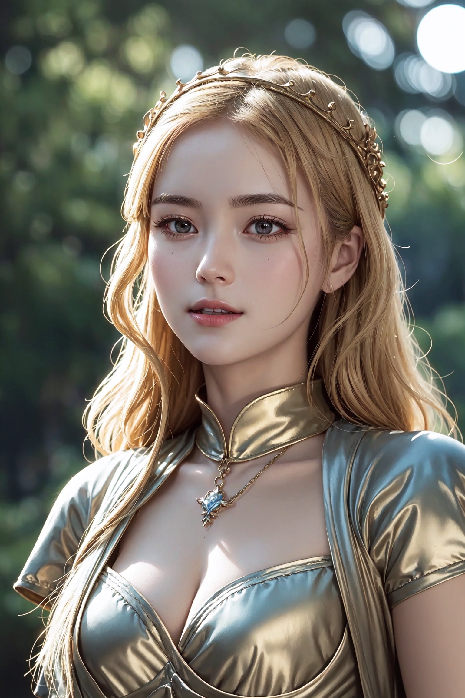 young cersei lannister, alone in the woods, game of thrones, masterpiece, best quality (detailed face, detailed skin texture, ultra detailed body), (cinematic light: 1.1), extremely detailed CG, unity 8k wallpaper, ultra detailed, very detailed, 1girl, long golden hair, detailed eyes, light up eyes, eyelashes, expression of pleasure on the face, smile, magical forest, long dress, white skin, shiny skin, oiled skin, full moon, night sky, night, clear sky, full moon, moonlight, 