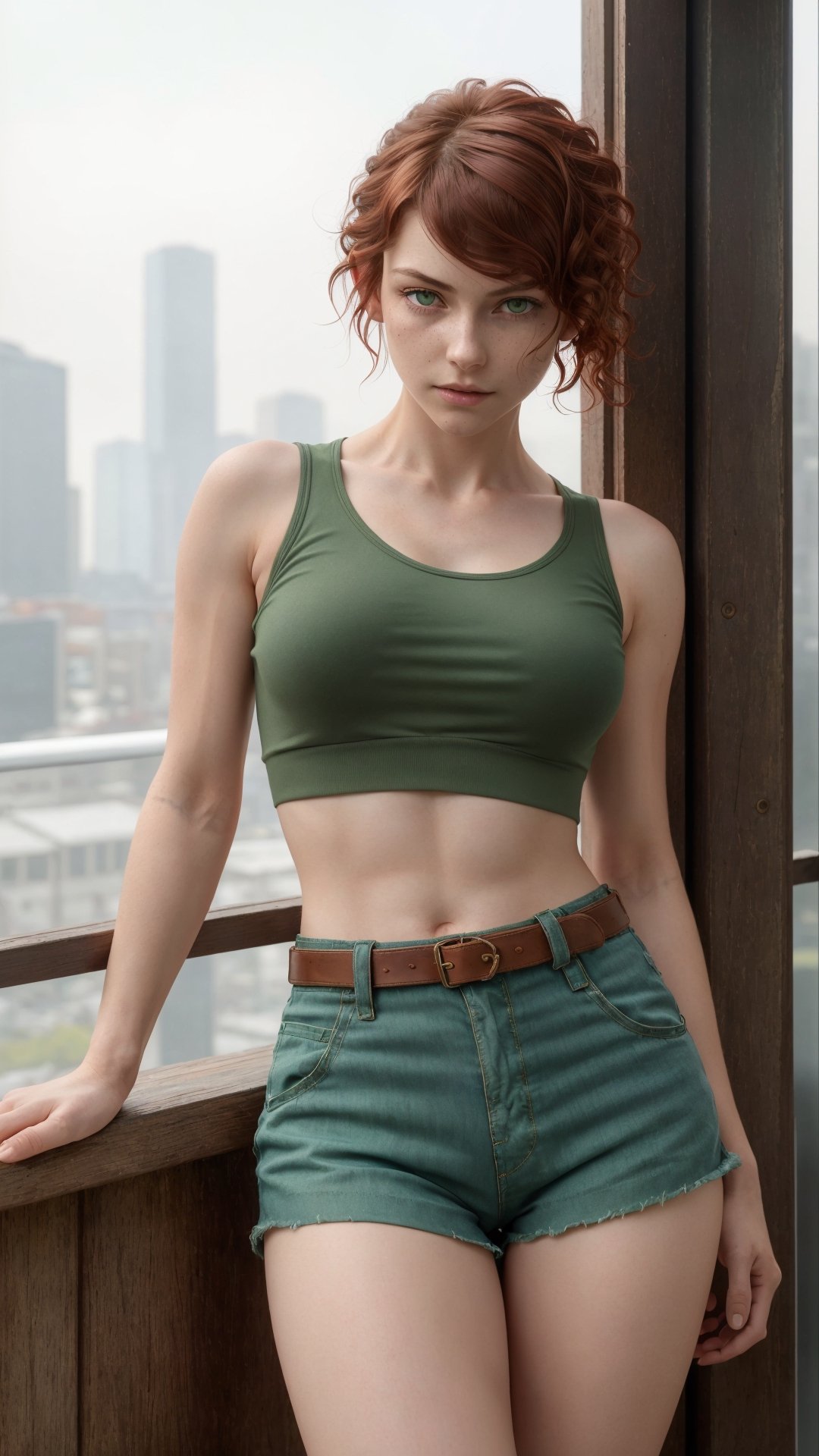 cyberpunk, (absurdres), masterpiece, best quality, sharp focus, soft lighting, (full shot), (realistic), (cowboy shot), (beautiful) (petite:1.21) (medium breasts:0.96), stunningly attractive (tomboy) girl, (playful:1.2), (aroused:1.3), nature backdrop, ( red very short wavy hair:1.21), (amazing feminine face:1.21), (detailed freckles:0.96), (beautiful realistic green eyes:1.21), (small nose:1.11), (narrow waist:1.31), (wide hips:1.11), (thick thighs:1.01), (long legs), (excellent hands fingers thumbs:1.16), (Yoji Shinkawa:1.01), (Raymond Leech:1.11), (Range Murata:1.11), (Alena Aenami:1.01), (Pascal Campion:1.16), (Rebecca Guay:1.11), (Sparth:1.01), (r/eyes:1.21), (confident expression:1.21), (nose blush:0.81), (cleavage:0.81) (elegant) (intricate) (cute:1.01) tight t-shirt, exposed midriff, (shorts:1.21), (pixie cut:1.21)
