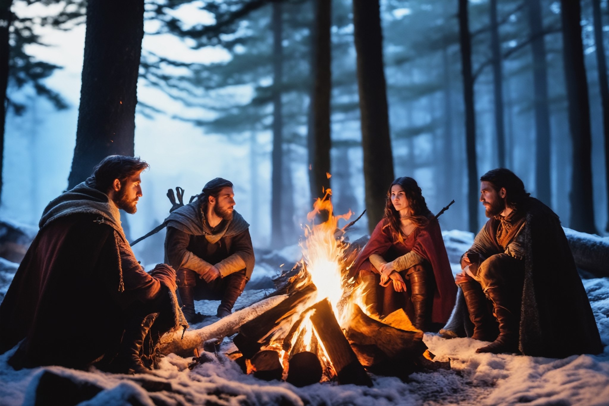 a group of fantasy medieval traveler in a campfire, windy night, cold nights, medieval fantasy forest, cinematic