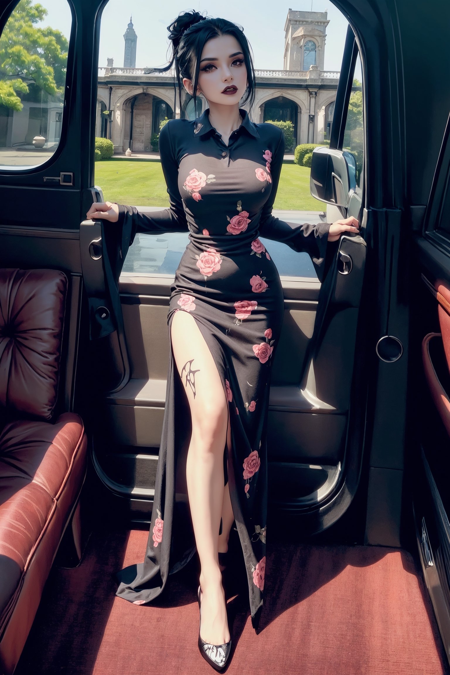 beautiful (goth:1.4) woman, edgVTD, (wearing edgVTD:1.4), dark floral print, collared dress, formal dress attire, perfect hair, ponytail, looking at viewer, teasing viewer, (afternoon tea:1.2), full body, (masterpiece),
