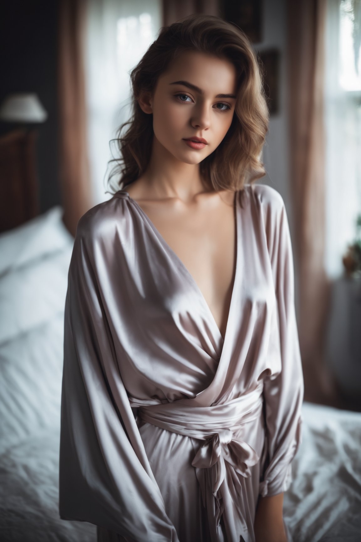 close portrait, 18 years old lady wears bed wrap dress in her bedroom, 30 style of Pinterest dress, artistic, cinematic mood, full shot , feminine, cleavage, perfect breast