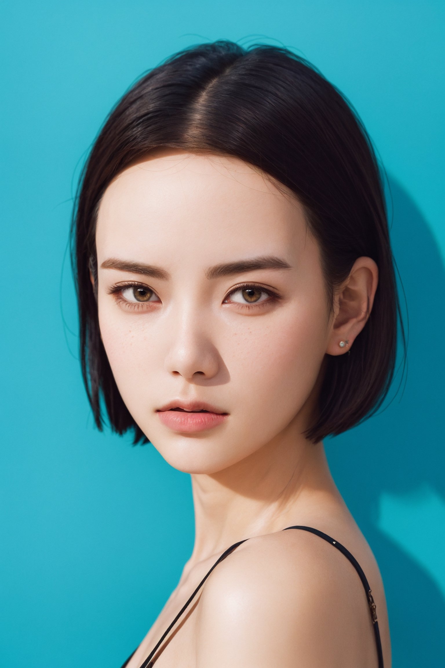 A dramatic portrait of a young woman with a stylish haircut and piercing eyes. The photo is shot in a high-contrast style, with strong shadows and highlights, emphasizing the model's sharp features. The photo was taken with a film camera, using a fast prime lens, which gives the image a gritty and raw feel. The portrait is perfect for use in fashion magazines, advertising campaigns, or as a striking wall art print.