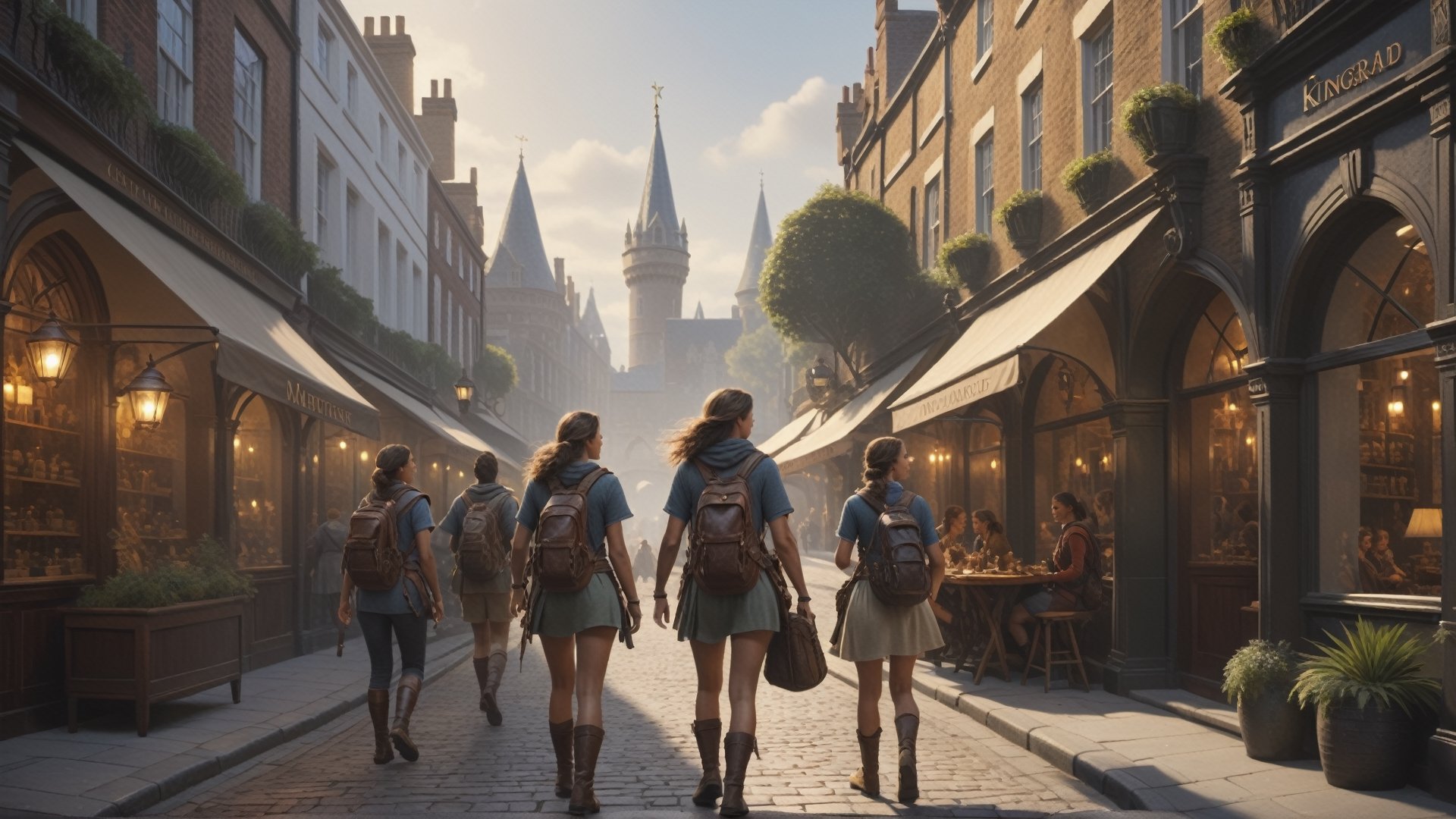 small group of adventurers exploring a busy kingsroad, (masterpiece), best quality, highres, 4k, 8k, intricate detail, cinematic lighting, amazing quality, 1girl, fit female, amazing shading, soft lighting,detailmaster2