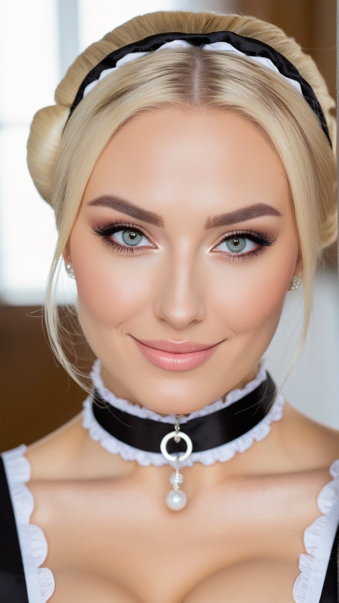 medieval, dlsr photo,8k, 1 busty cute 20 yo maid , smirk, light sparkling eyes, porcelain oiled skin, choker, long blond hair, bun hair, focus