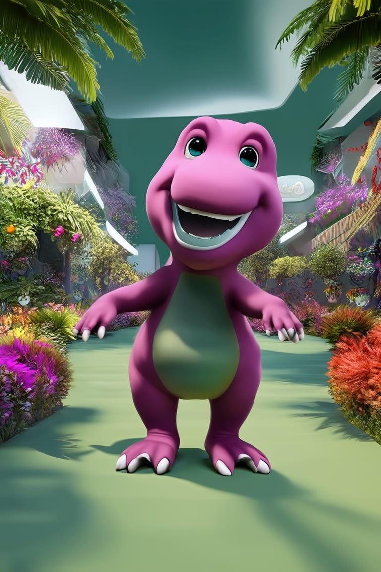 barney,creepy smile,3D cartoon,cartoon style,3D render