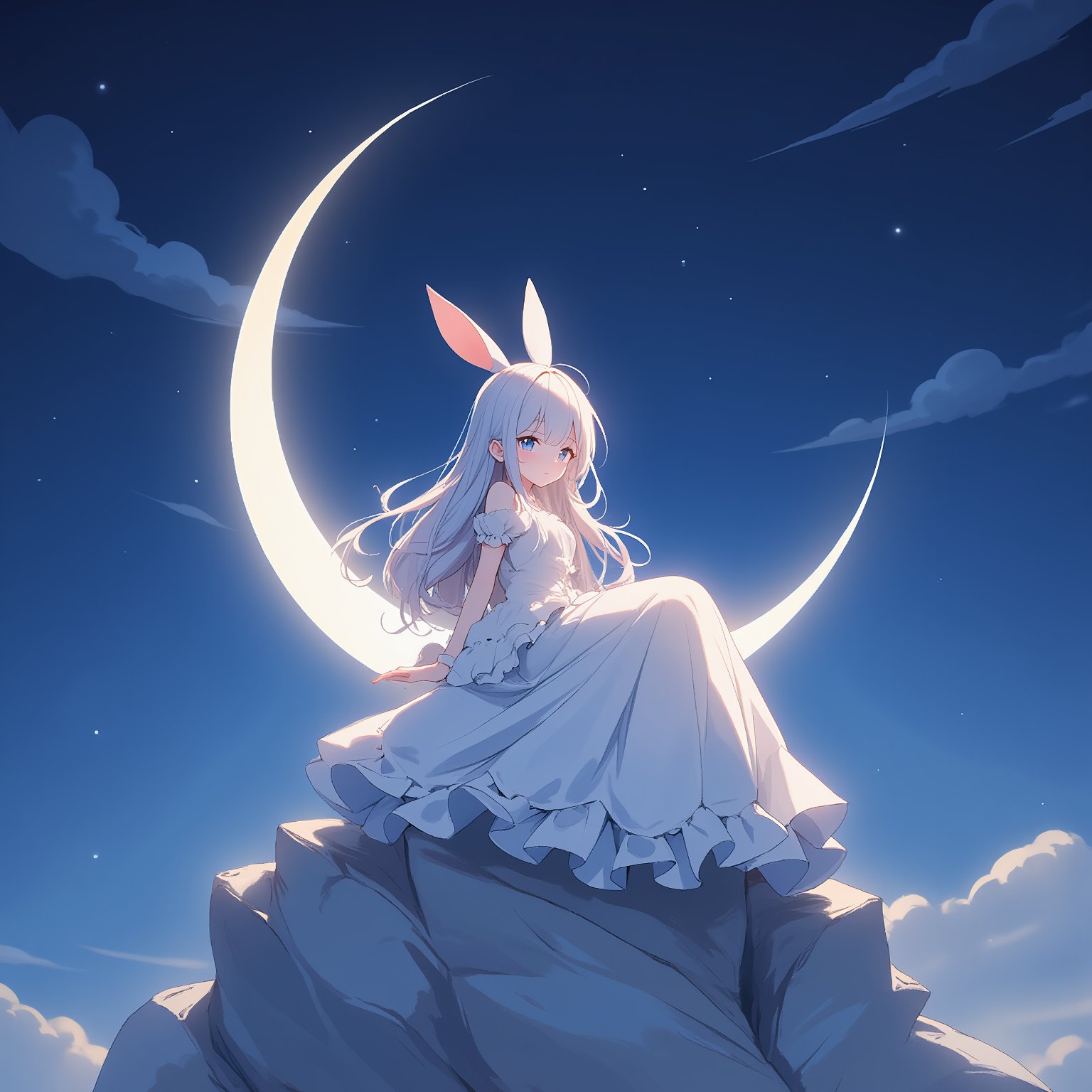 A whimsical illustration of a young rabbit girl dressed in a flowing white dress, surrounded by a soft, ethereal glow. She sits on a crescent-shaped rock formation, with a few wispy clouds drifting lazily across the night sky behind her, illuminated by the gentle light of the crescent moon, ATRFX, anime