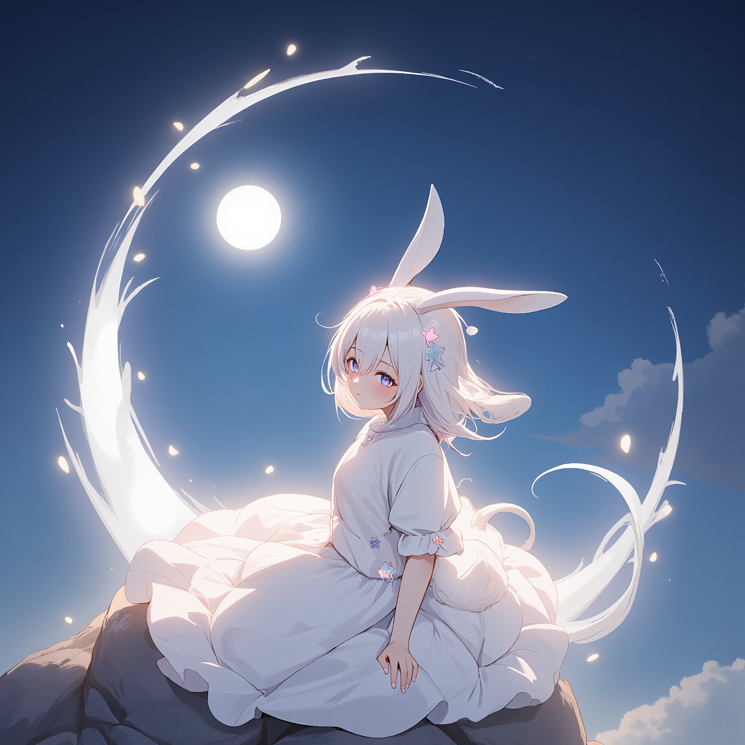 A whimsical illustration of a young girl dressed in a flowing white rabbit costume, surrounded by a soft, ethereal glow reminiscent of a full moon. The rabbit ears and tail are adorned with sparkly crescent moon charms. She sits on a crescent-shaped rock formation, with a few wispy clouds drifting lazily across the night sky behind her, illuminated by the gentle light of the moon, ATRFX, anime