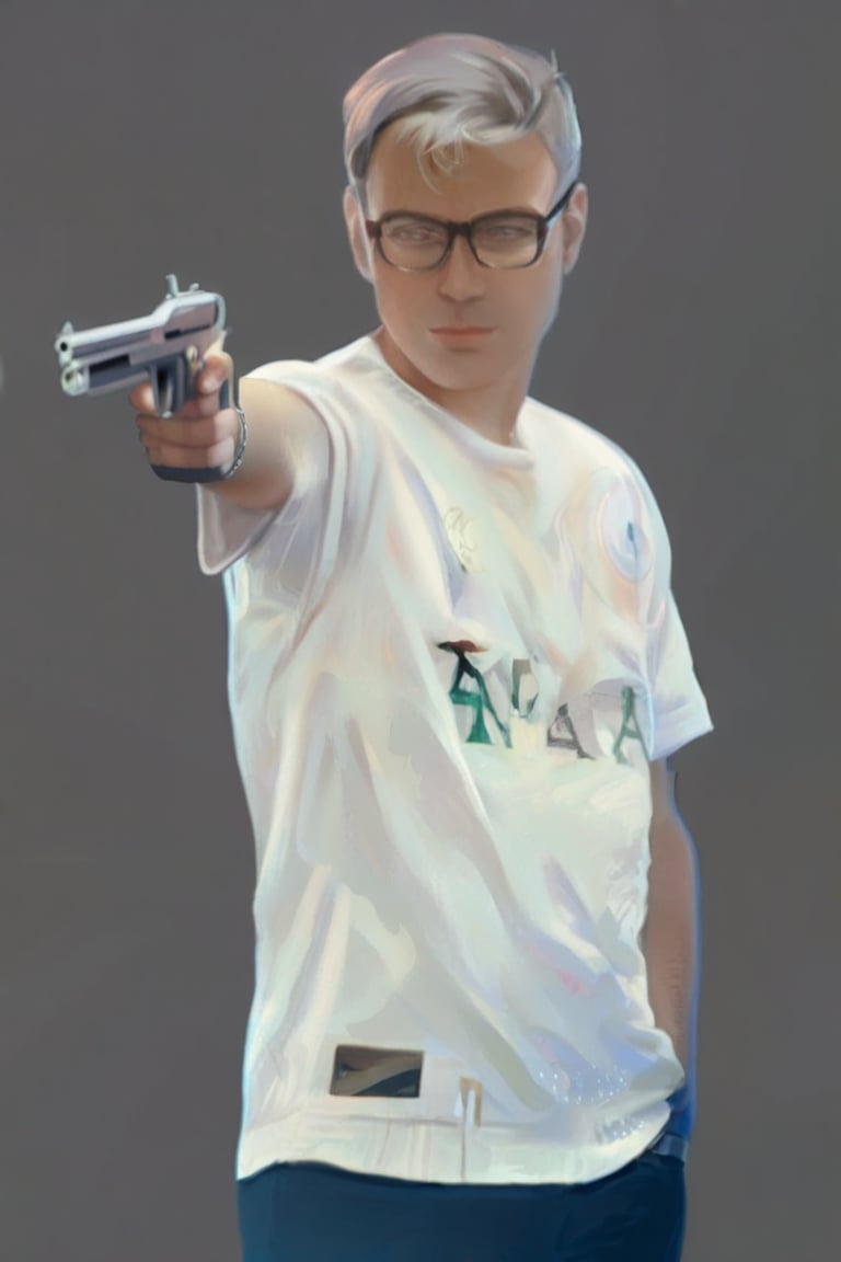 digital painting of a man with glasses, standing, facing viewer, he is holding a pistol. He has a serious expression as he aims the target. He has a relaxed pose with one hand inside his pocket.