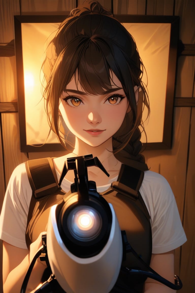 A cinematic portrait of a girl holding apportalgun, framed against a rustic backdrop with warm golden lighting, highlighting her determined expression and the weapon's sleek design. The camera captures her profile from a low angle, emphasizing her strength and confidence as she gazes directly into the lens.