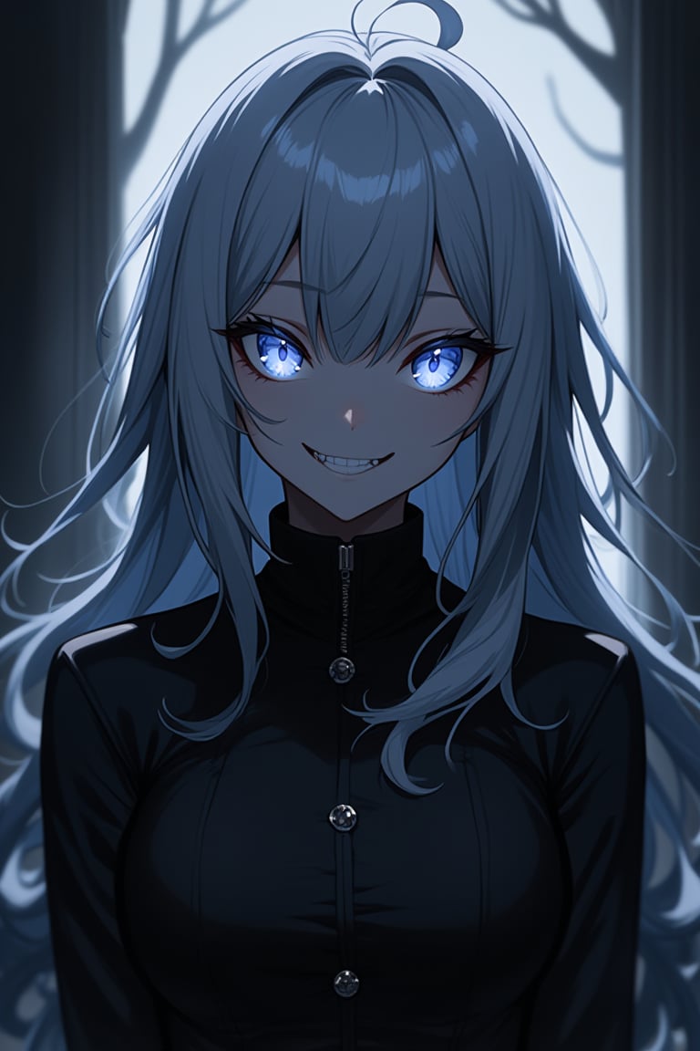 A haunting portrait of a girl with striking features: cascading long hair, snowy white locks framing her heart-shaped face, piercing blue eyes that seem to bore into the darkness. She wears a dramatic black high-collared coat, its silhouetted shape contrasting starkly against the foreboding surroundings. The air is thick with an eerie atmosphere as she sports a wicked grin, her eyes glowing like lanterns in the dark, casting an otherworldly aura, ATRFX, anime