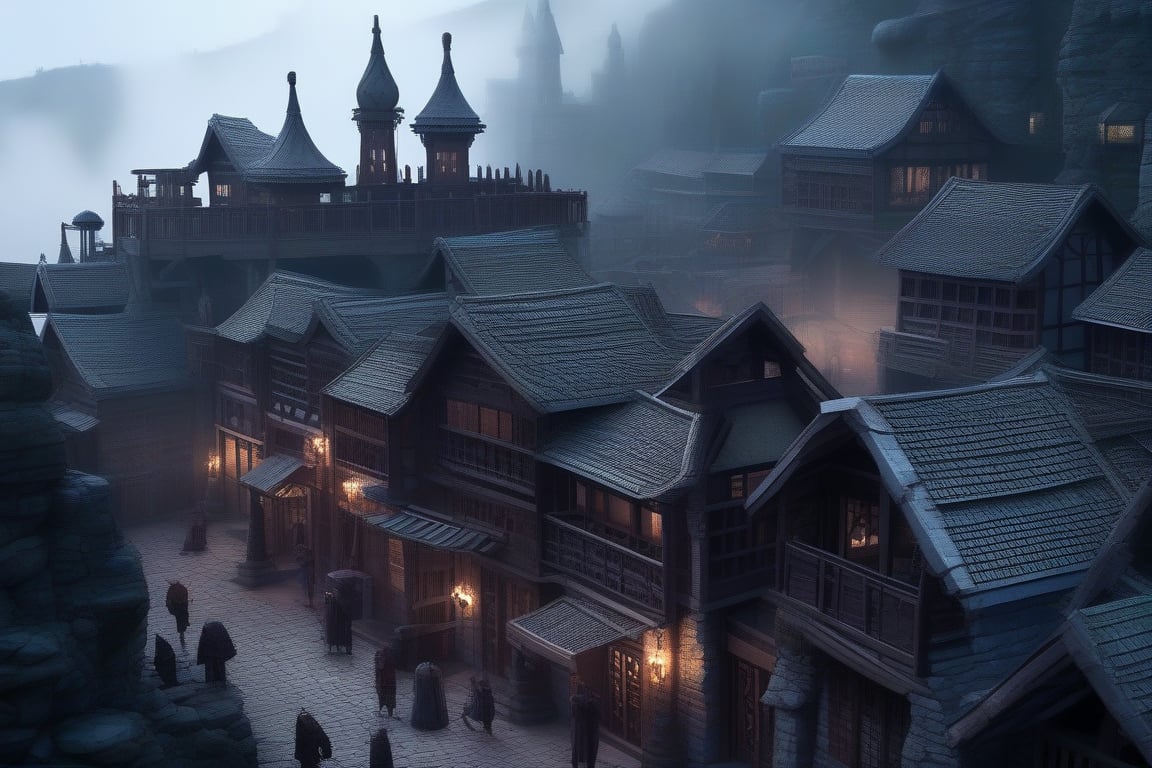 Aerial view of a mystical village crafted entirely from polished iron bars and pipes, standing amidst a sea of misty hills. The structures' intricate latticework reflects the soft morning light, casting a warm glow on the cobblestone streets. Iron lampposts adorn the town square, where villagers in rusty armor gather, their faces aglow with curiosity.