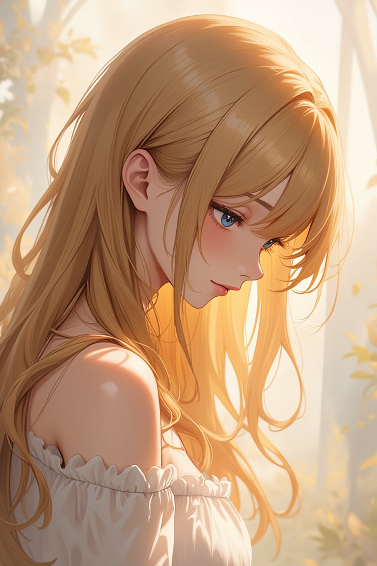 A delicate, soft-focused portrait of a girl, rendered in rich, vibrant oils on canvas. She sits pensively, eyes cast downward, her golden locks cascading like a river of sunset hues down her porcelain skin. A warm, golden light illuminates her features, casting gentle shadows beneath her eyelids and on the curves of her cheeks. The background is a soft, blurred expanse of creamy whites and gentle blues, allowing the girl's serene face to take center stage, ATRFX, anime