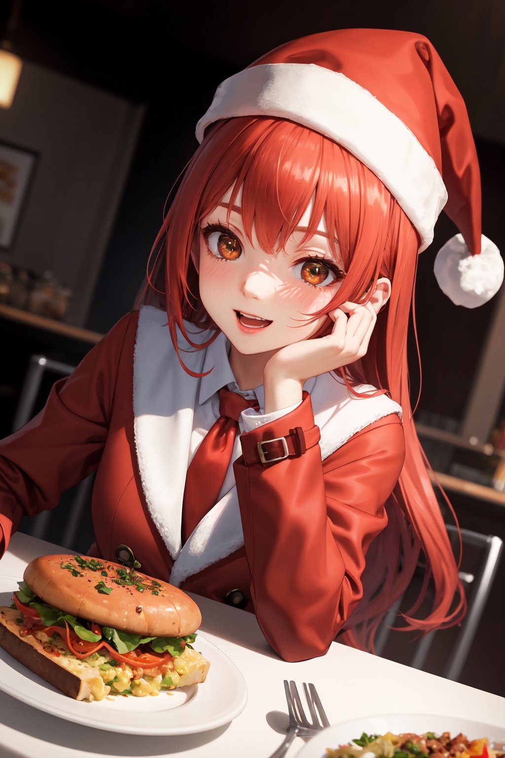 masterpiece, best quality, highly detailed, 8k, 1girl, petite, ginger long hair, glittering hazel eyes, {wearing whte shirt, red tie, red and white sneakers, red trench coat, santa hat}, (solo female), sitting, looking at freshly served food on the table in front of her, delightful, happy, close up