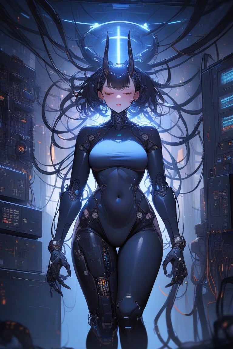 masterpiece, very aesthetic, highly detailed, absurdres, 1girl, oni horns, standing, facing viewer, closed eyes, large wires plugged into the body, cybernetic, lab, control panel, scifi, txznmec, m3