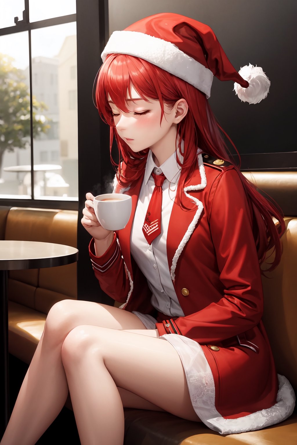 masterpiece, best quality, highly detailed, 8k, 1girl, petite, ginger long hair, glittering hazel eyes, {wearing whte shirt, red tie, red and white sneakers, red trench coat, santa hat}, (solo female), sitting in a cafe, sipping a cup of tea, closed eyes, close up