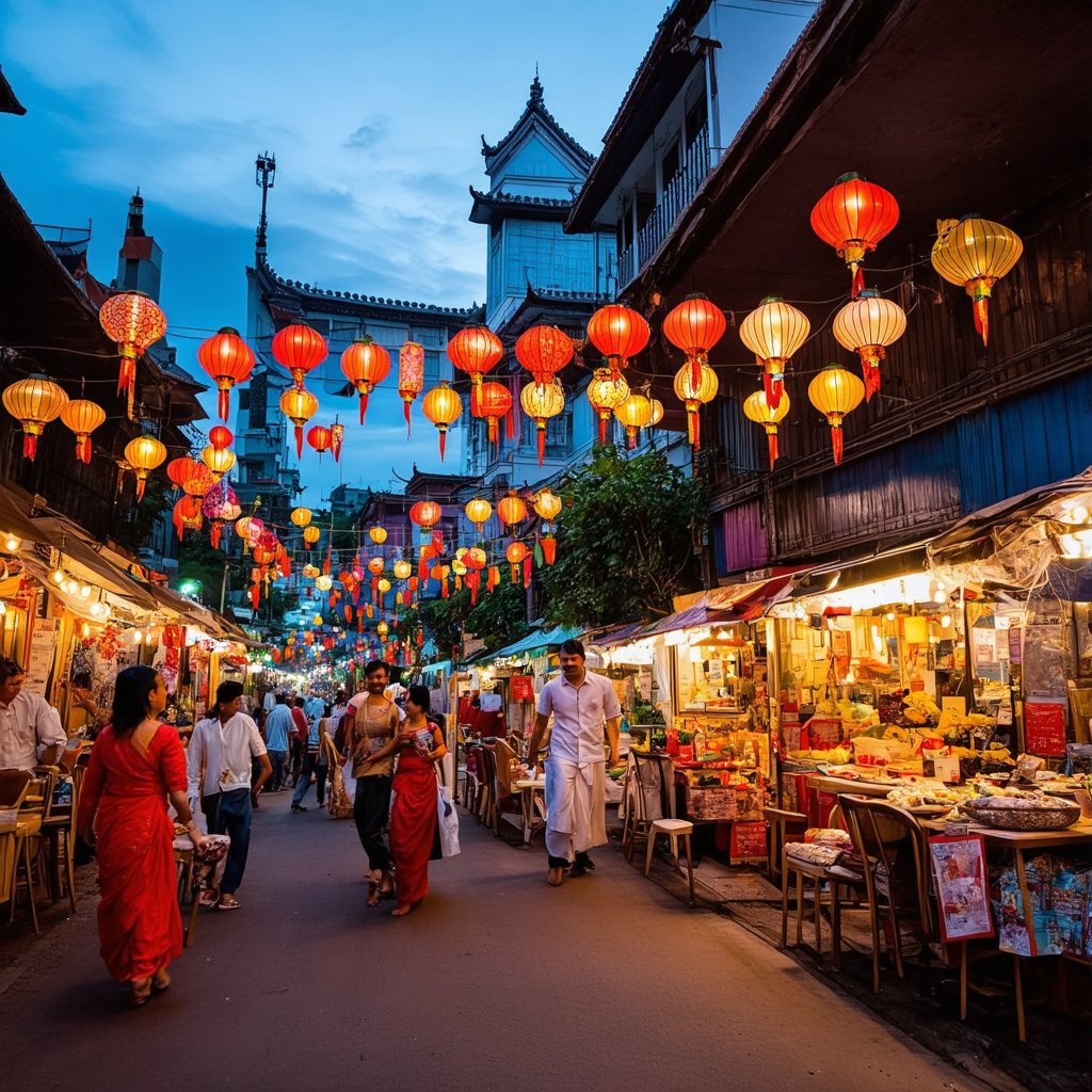 A vibrant street scene in Malaysia: A bustling night market in Penang's George Town, with colorful lanterns and twinkling lights illuminating the alleyways. Vendors dressed in traditional attire offer local delicacies and souvenirs. In the distance, the iconic Cheong Fatt Tze Mansion stands tall, its intricate Moorish-style architecture a blend of East and West. The atmosphere is lively, with the sounds of laughter and sizzling street food filling the air.