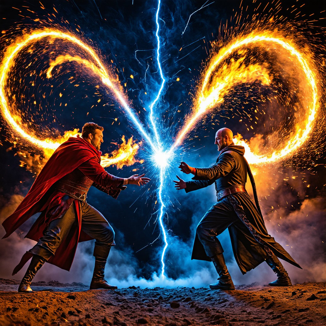 A mystical confluence unfolds as two sorcerers face off in a spectacular duel of magic, their hands weaving intricate patterns as they clash in a burst of fiery sparks. A divided landscape behind them crackles with energy, split by a swirling vortex of contrasting elements - earthy tones versus ethereal wisps. The air is electric with tension as the sorcerers' signature gestures intersect, their powers locked in a mesmerizing dance of light and shadow.